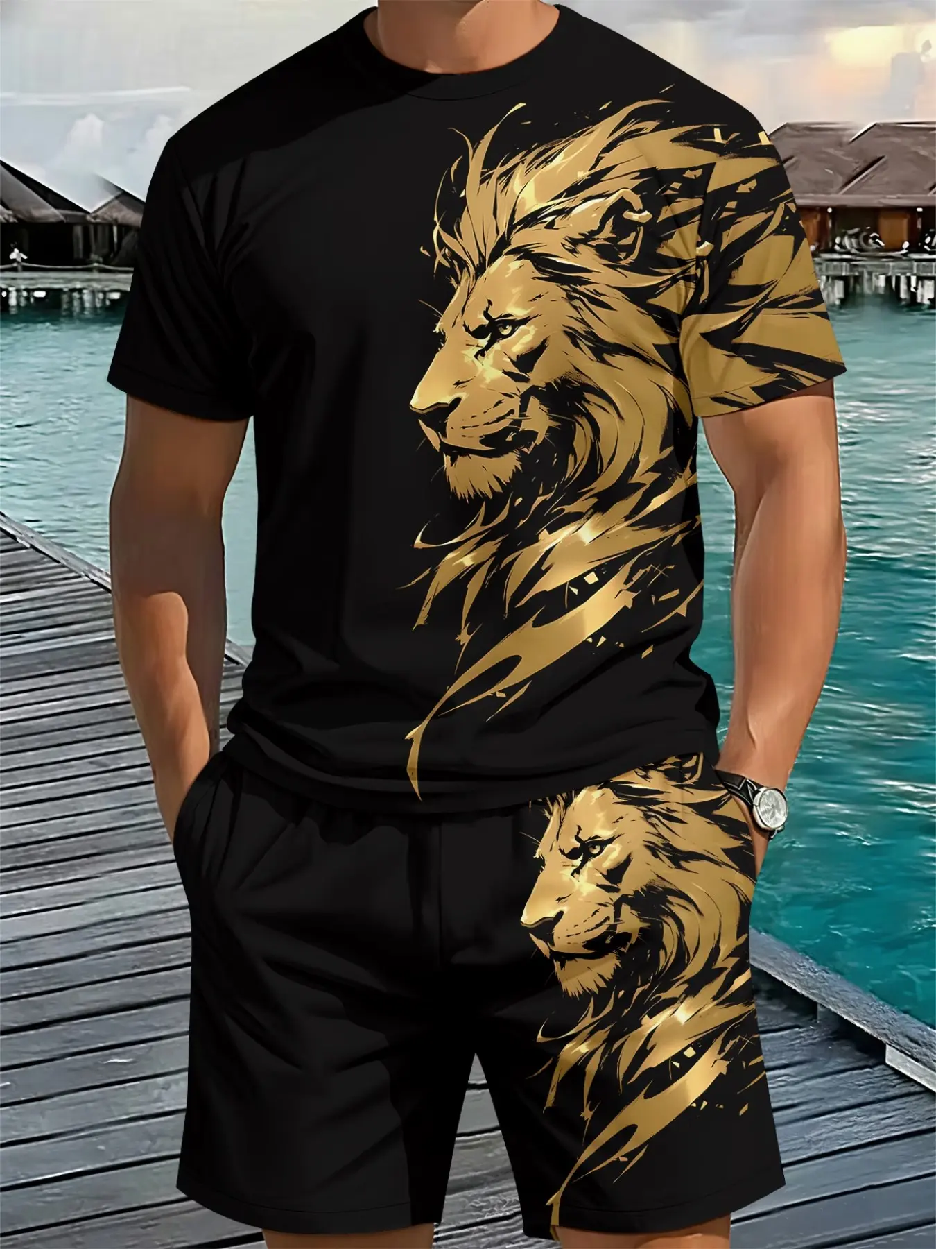 Men's 2-Piece 3D Digital Print Round Neck Short Sleeve Set Outfit, Gold Lion Print, Casual Summer Essential, Slim-Fit Tee and Shorts