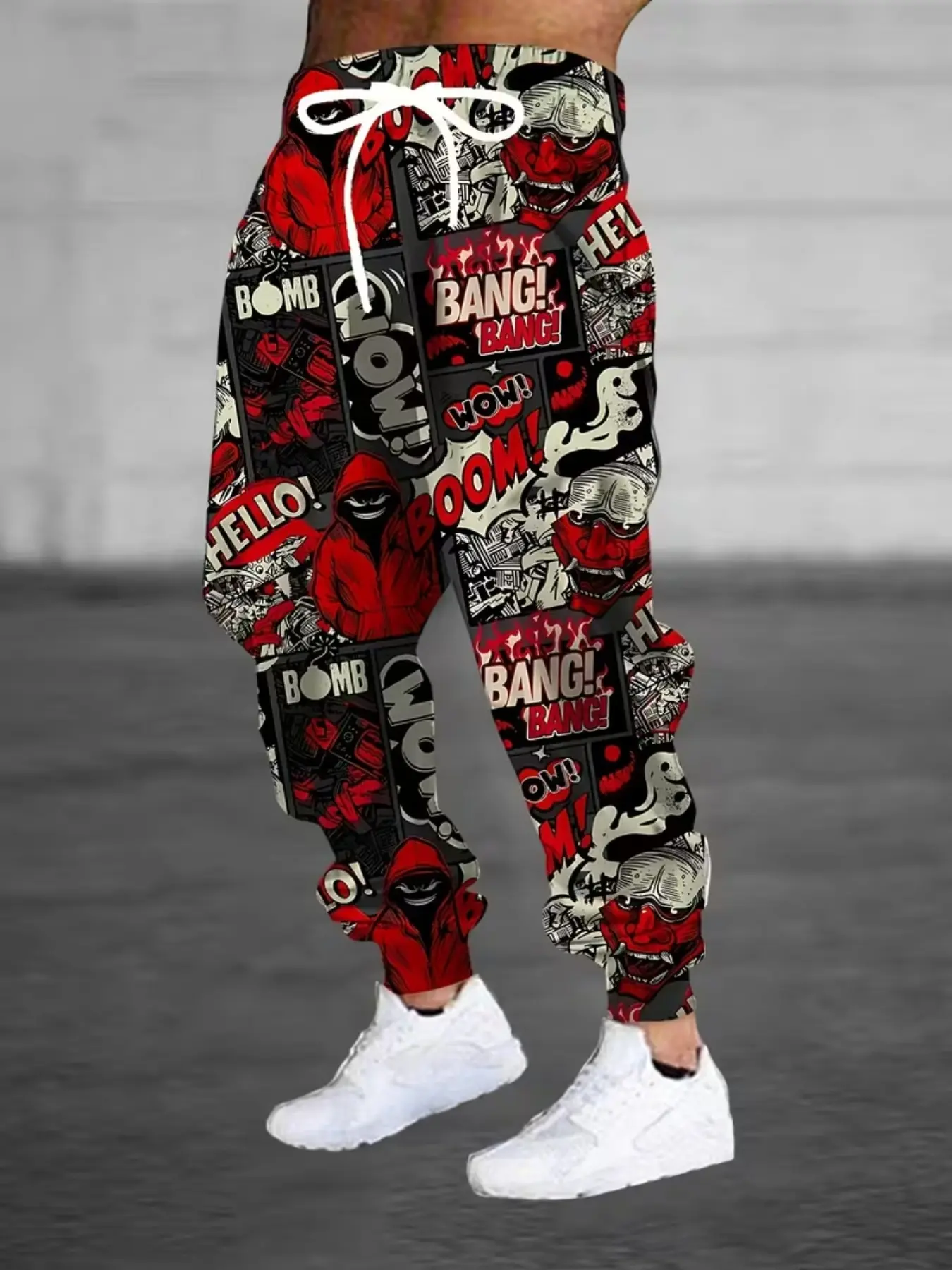 Streetwear Cartoon Bang Explosion Text Devil Mask Digital Print Sweatpants, Men's High Street Versatile Ankle-Length Casual Pants