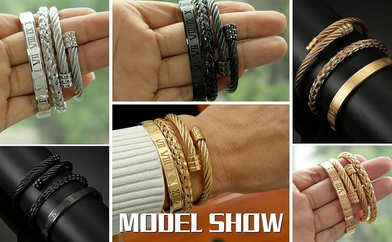YADOCA 3Pcs Stainless Steel Bracelets for Men Roman Numeral Bangle Bracelet Adjustable Cuff Bracelet Twisted Cable Bracelet Mens Luxury Bracelets Jewelry Gifts Gold/Silver/Black