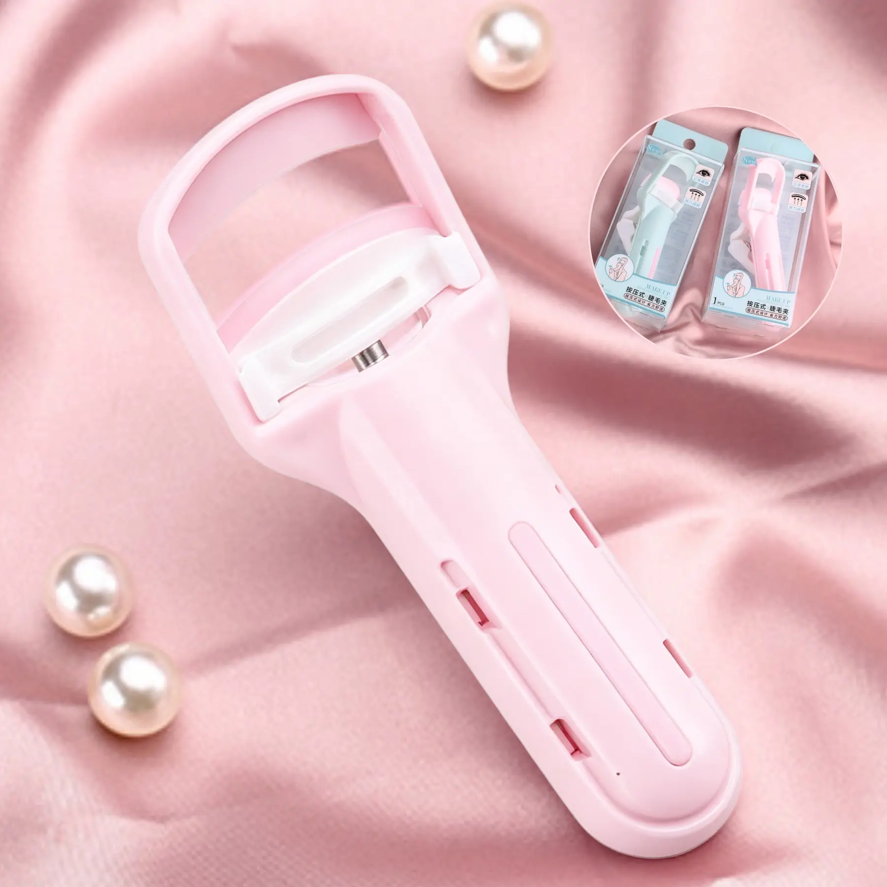 Press Type Eyelash Curler ABS Portable Lash Curling Tool, Creates Natural Long-Lasting Curly Lashes, 2 Colors Pink & Light Blue Universal For All Eye Shapes Daily Makeup