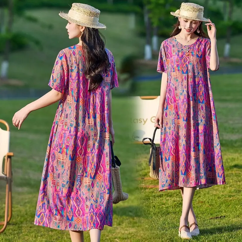 Cotton silk dress with pockets, knee-length, long dress middle-aged plus-size mothers, printed, elegant, slimming dress