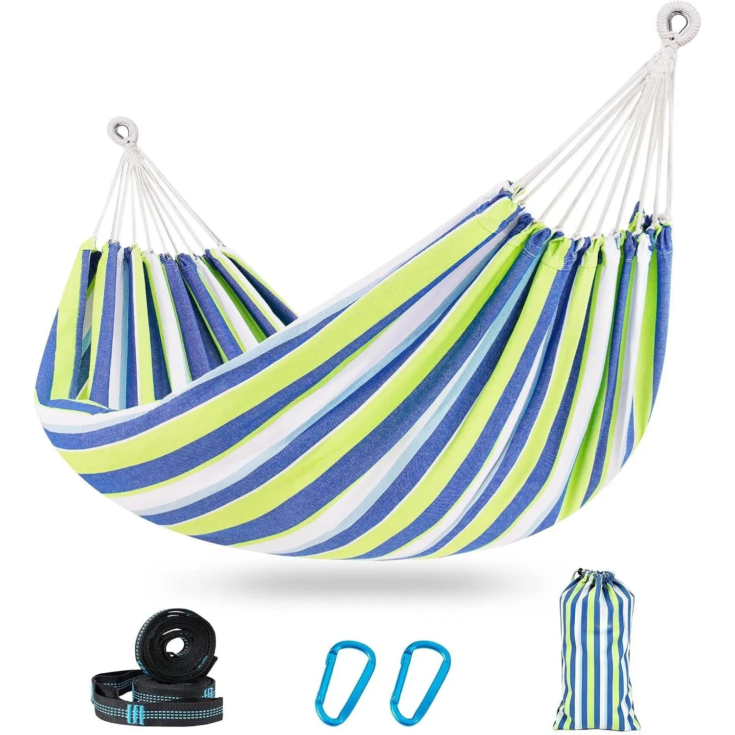 Double Brazilian  Hammock,  Portable Outdoor Camping Hammock with Tree Straps & Travel Bag for Backyard Patio Poolside Indoor, 550lbs Capacity, Blue & Light Green
