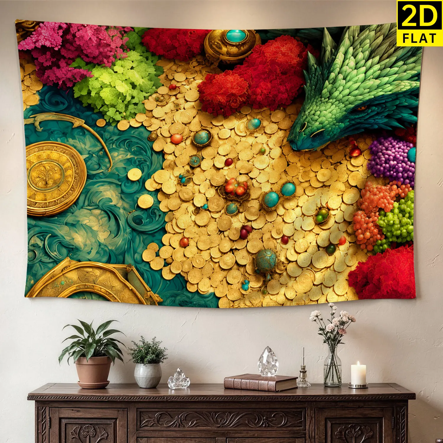 Fantasy Green Dragon Gold Coins Treasure Wall Tapestry - Large Printed Horizontal Polyester Colorfast Wall Decor, Artwork for Living Room, Bedroom, No-Installation Indoor-Outdoor Room Decor Gift Idea for Family