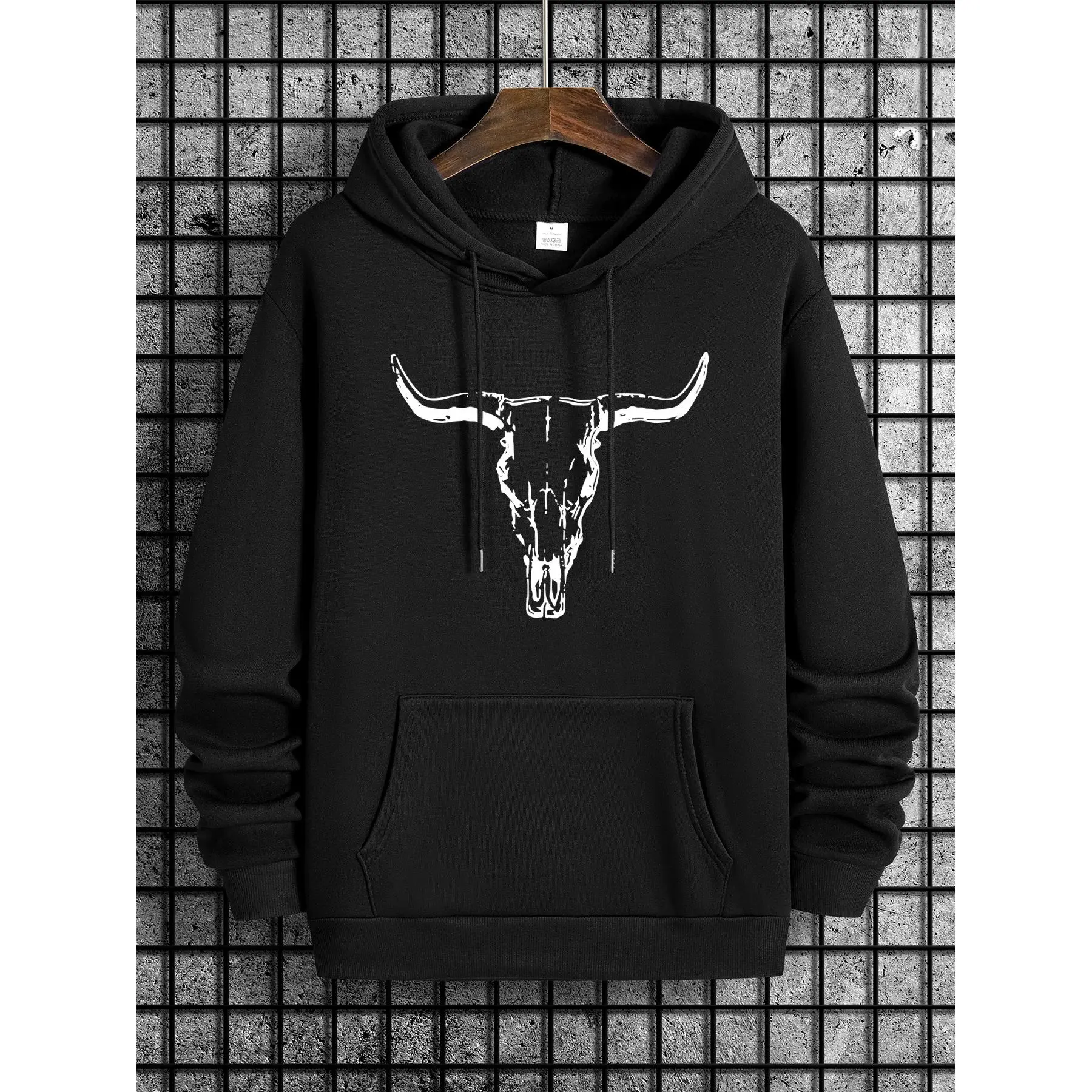 1pc Men'S Western Cowboy Hoodie with Bull Skull Design - Pullover Sweatshirt, Casual Fabric Hooded Sweater for Daily Wear And Themed Events, Western Party Attire Featuring Hood - for Men