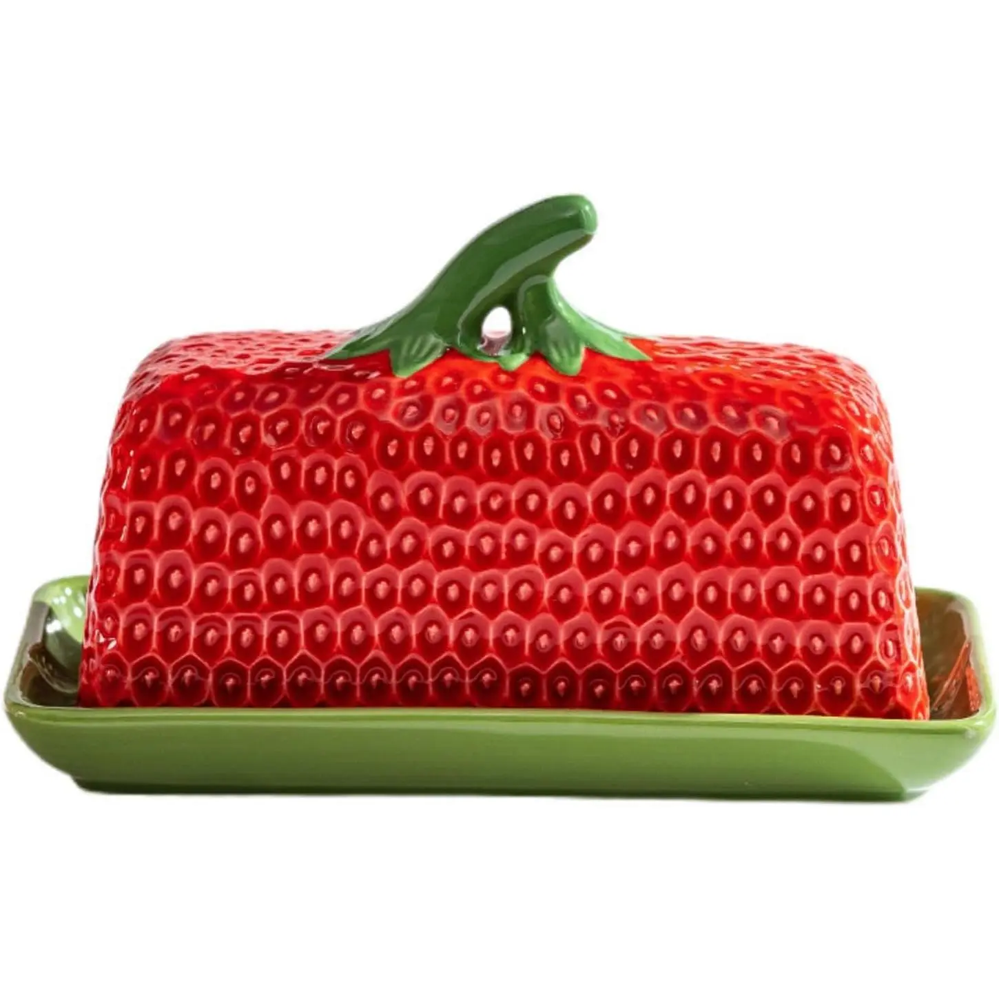 Ceramic Strawberry Butter Dish with Lid - Kitchen Utensils Preserving Container, Large Size Rectangular Countertop Storage Holder for Home Use & Kitchen Decor, Fits East/West Coast Large Sticks, Oven