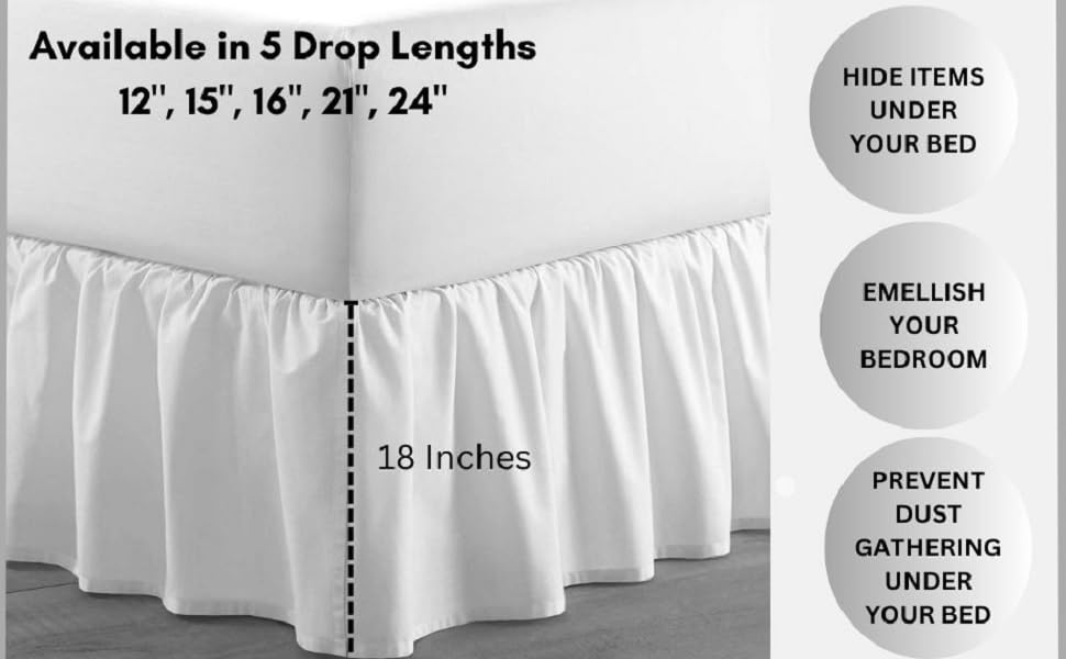 Lightweight Ruffled Bed Skirt, Queen Size 15 Inch Drop - 100% Microfiber, Soft and Stylish, Dust Ruffle - Bed Skirt for Queen Beds, White