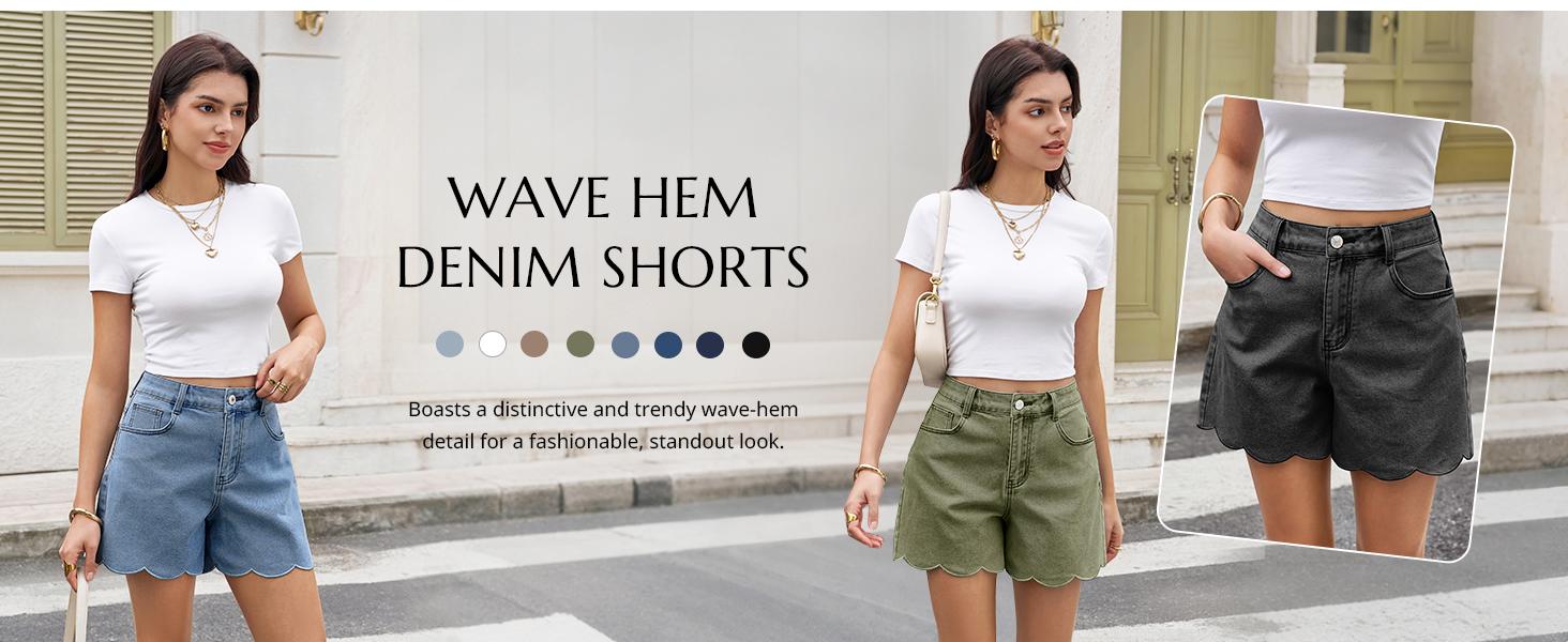 Aoysky Women's High-Waisted Fitted Minimalist Denim Jean Shorts - Summer Straight-Leg Wave Hem Casual Bottoms for Ladies,summerwins,summeroutfits,vacationoutfits,beachoutfits