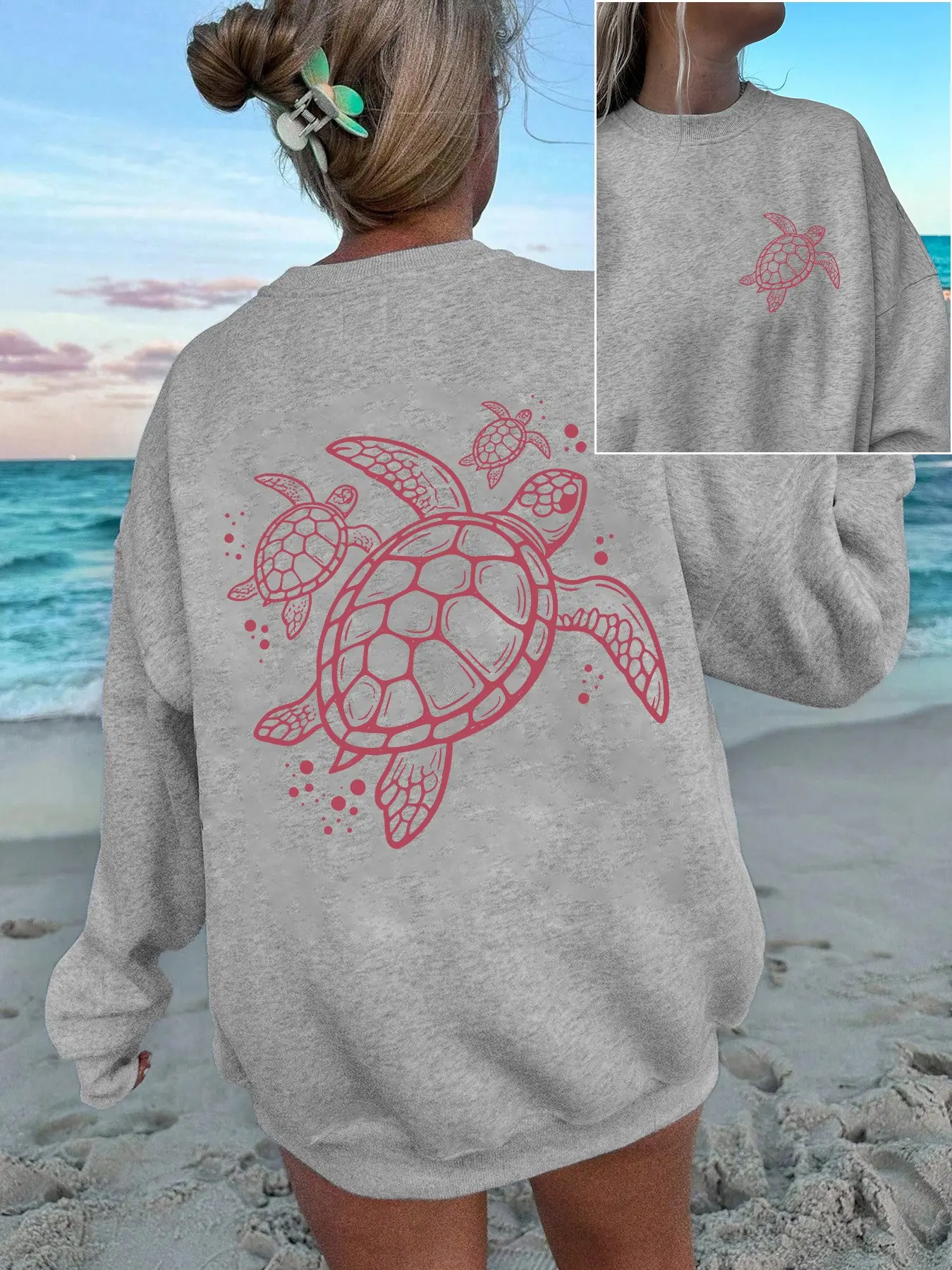 Women's Casual Turtle Pattern Sweatshirt, Round Neck Loose Fit, Fall & Winter Fashion, Comfortable and Stylish, Daily Wear