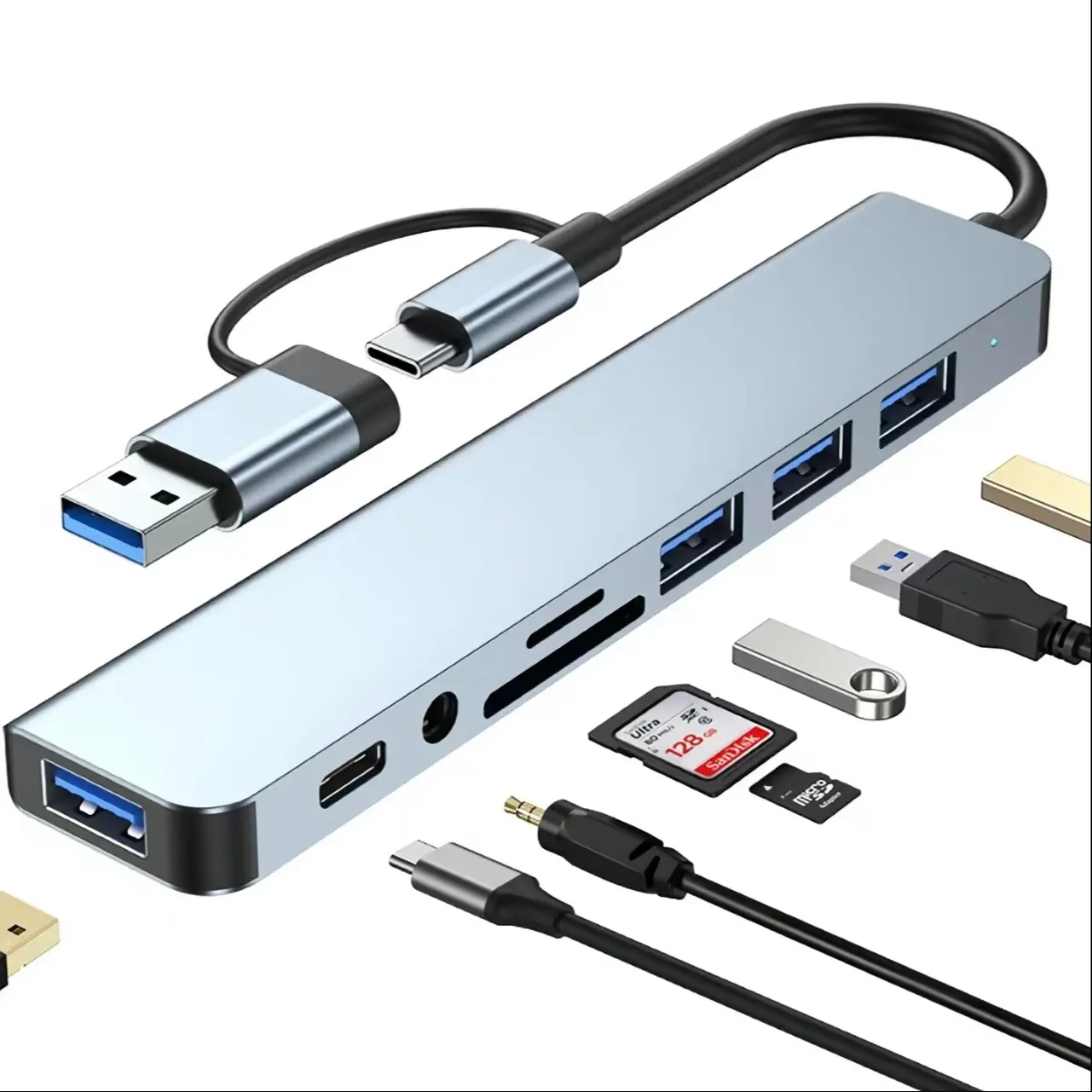 USB-C 8-In-1 HUB Adapter, USB 3.0 & 2.0 Ports, TF/SD Card Reader, Audio Output, Compatible with iPhone 15/16/17, iPad Pro, Laptops, Samsung Phones