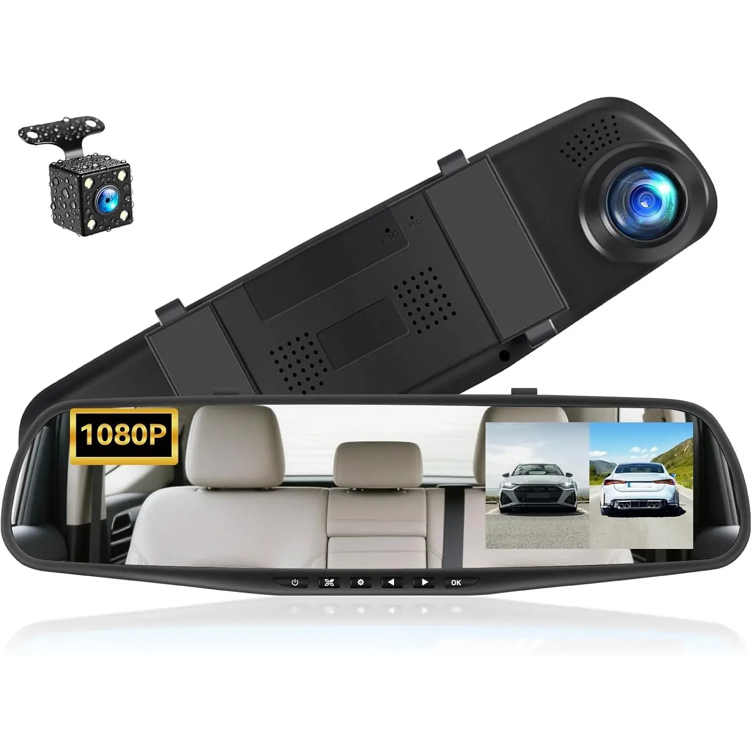 Rimoody Car Accessories Rearview Mirror Backup Screen Car Camera, 4.5in 1080P+480P Front & Rear View, 12V DC Power, Loop Recording, Wide Angle, Parking Assistance, Motion Detection, Rearview Mirror Backup Screen Car Cameras
