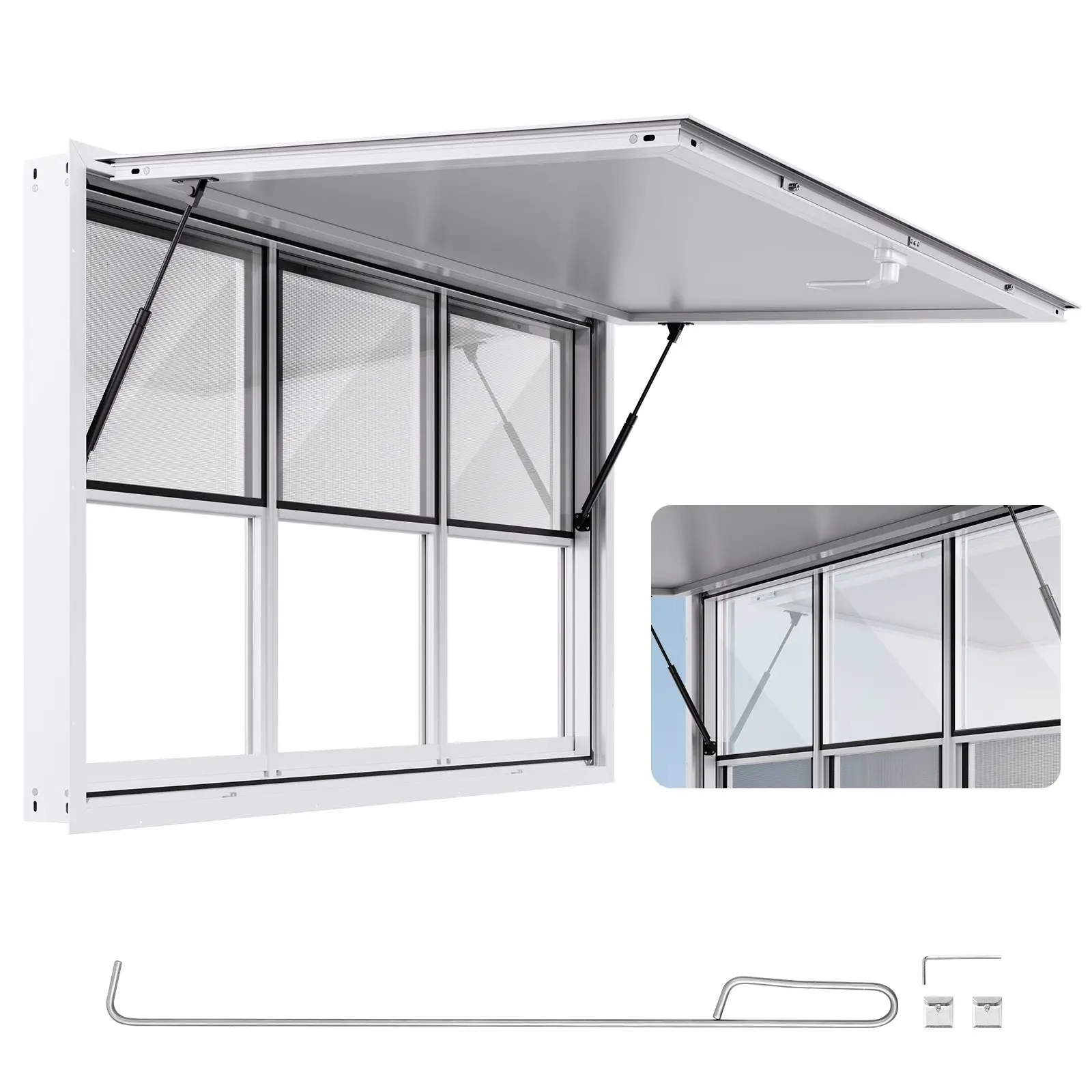 【DealsForYouDays】VEVOR Concession Window 60x36 in, Aluminum Alloy Service Window for Food Truck, Up to 85 Degrees Stand Serving Window with 3 Sliding Windows, Awning Door, and Drag Hook, for Concession Trailers
