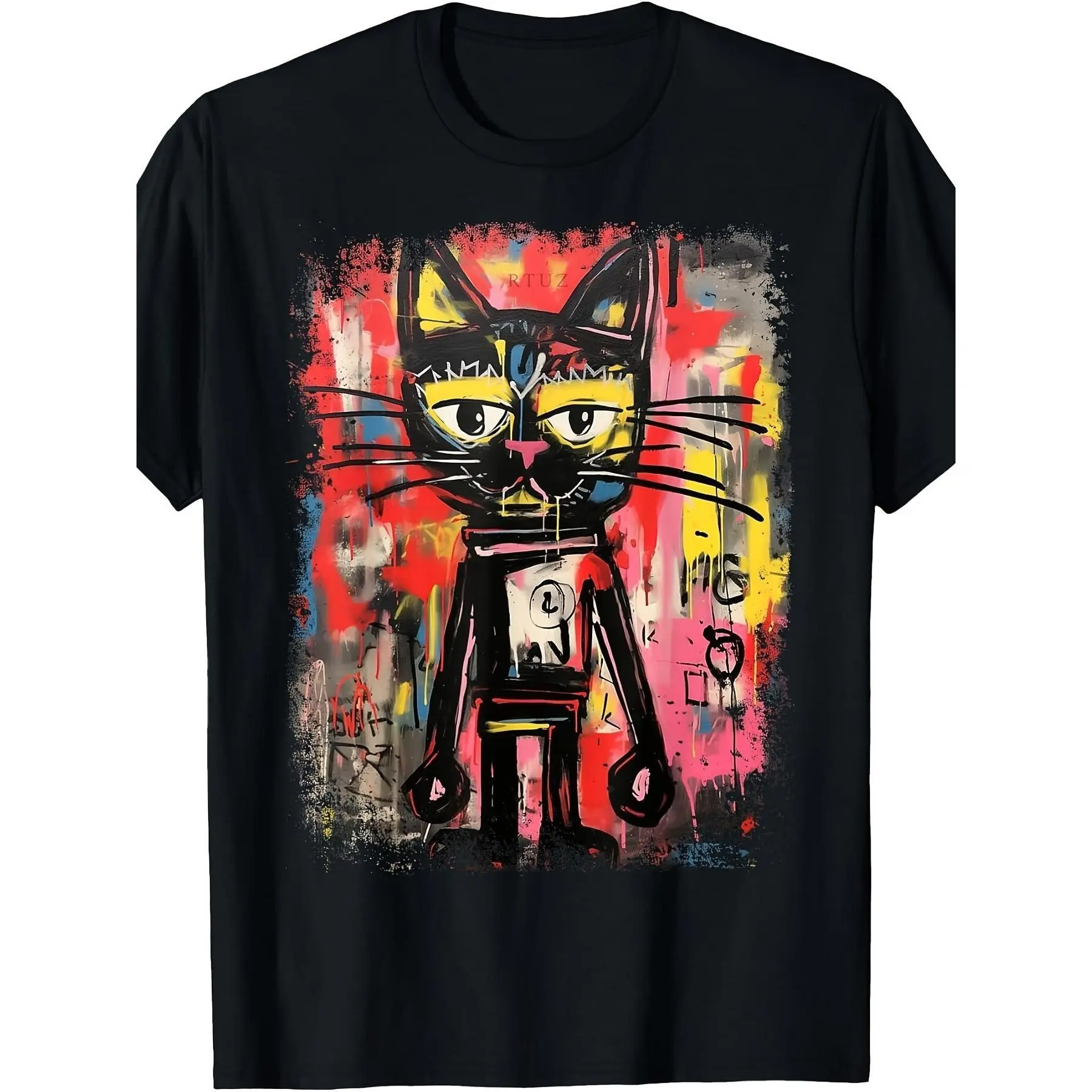 Pop Art Graffiti Cat T-Shirt Featuring an Abstract Design, Suitable for Both Men And Women, Perfect for Summer with Short Sleeves And a Weight of 180G
