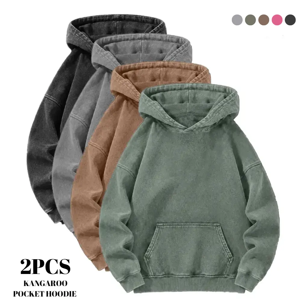 Men's 2-PCS Oversized Heavyweight Acid-Wash Pure Cotton Fleece Hoodie - Kangaroo Pocket, Ribbed Details, Classic Menswear, Unisex Casual Pullover Sweatshirt for Autumn Winter, Back to School Outfits