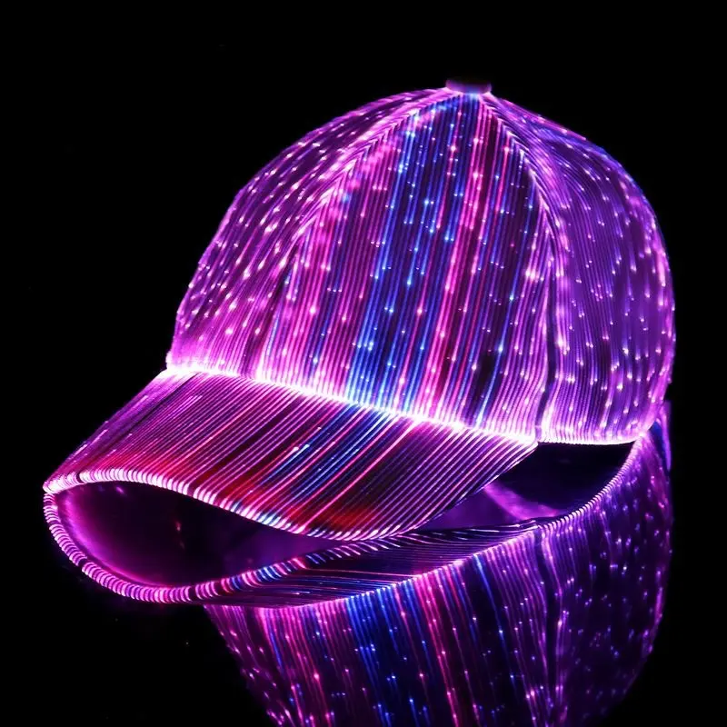 Adult Adjustable Luminous Baseball Cap - Black Fiber Optic, Artificial Leather, 7-Color LED Lights, USB Charging, for Christmas Party