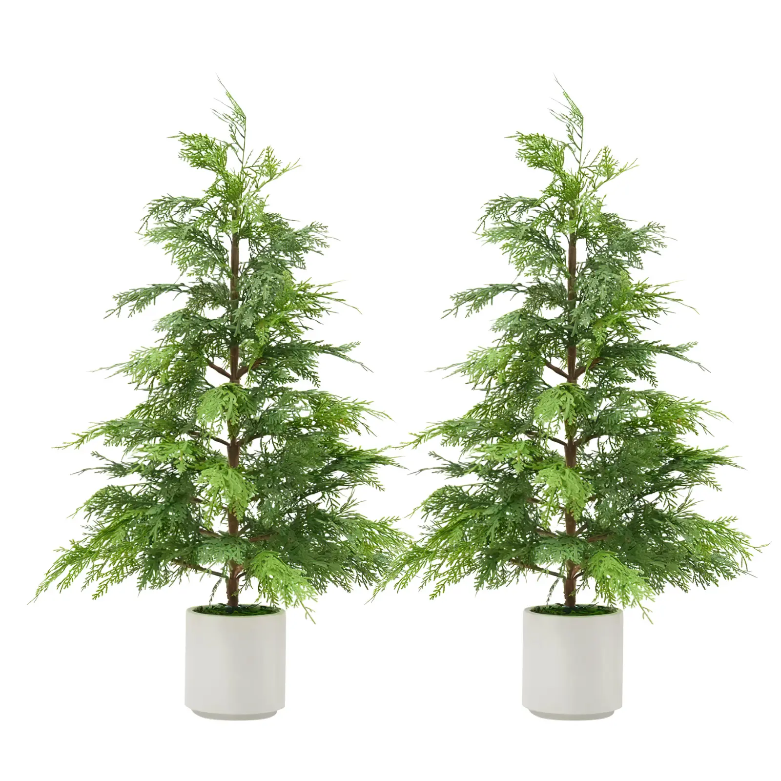 2 Pack 3FT Realistic Artificial Cedar Topiary Trees  – Faux Evergreen Pine – UV Resistant, White Pots, Indoor Outdoor Decorative Plants