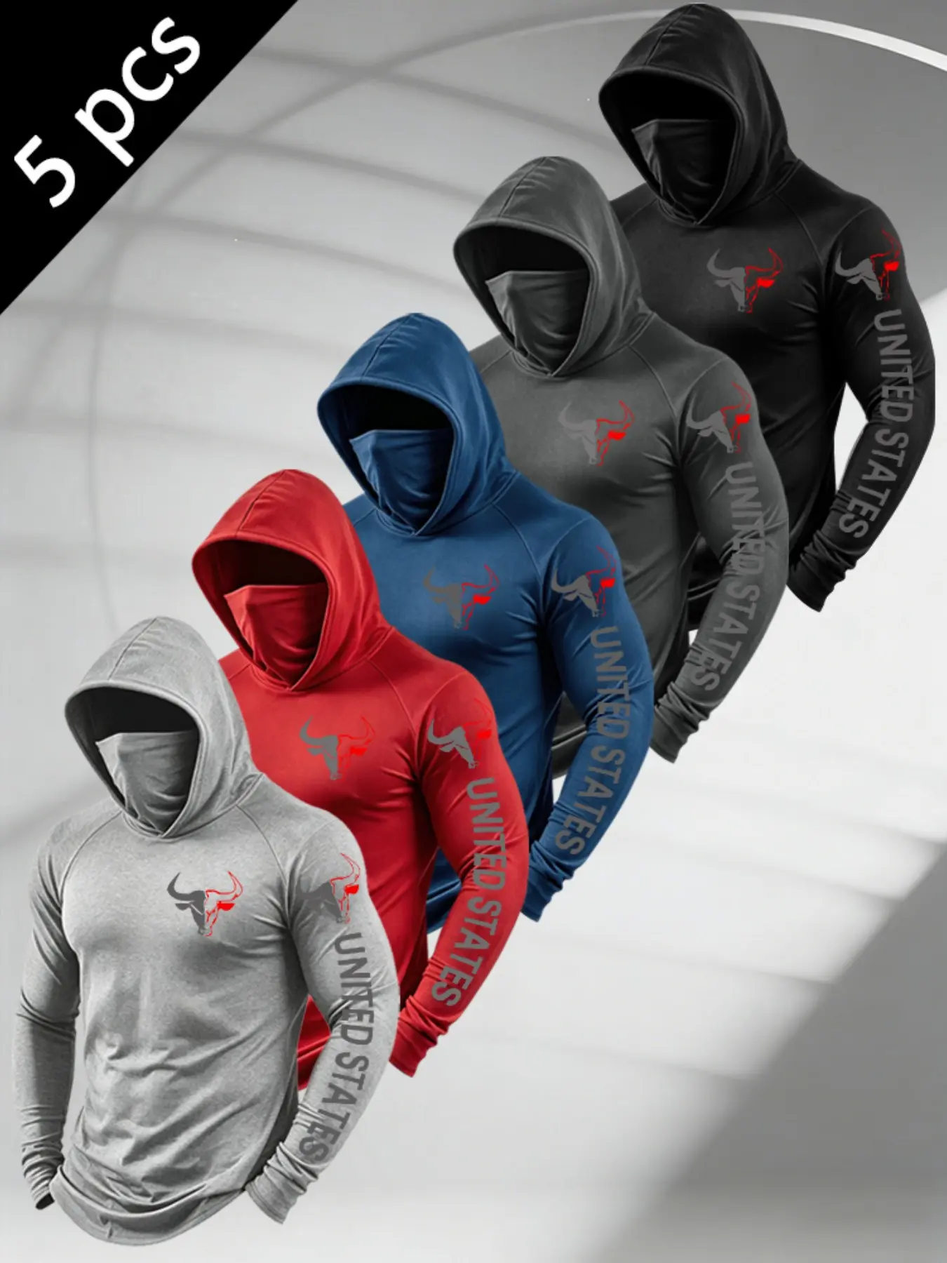 Men Hooded Compression Long Sleeve Shirts With Integrated Face Mask, Elastic Quick Dry Athletic Fabric, Slim Fit Base Layer Tees For Workout Running Cycling And Outdoor Training Activities #CompressionHoodie #SportsBaseLayer #FitnessLongSleeve