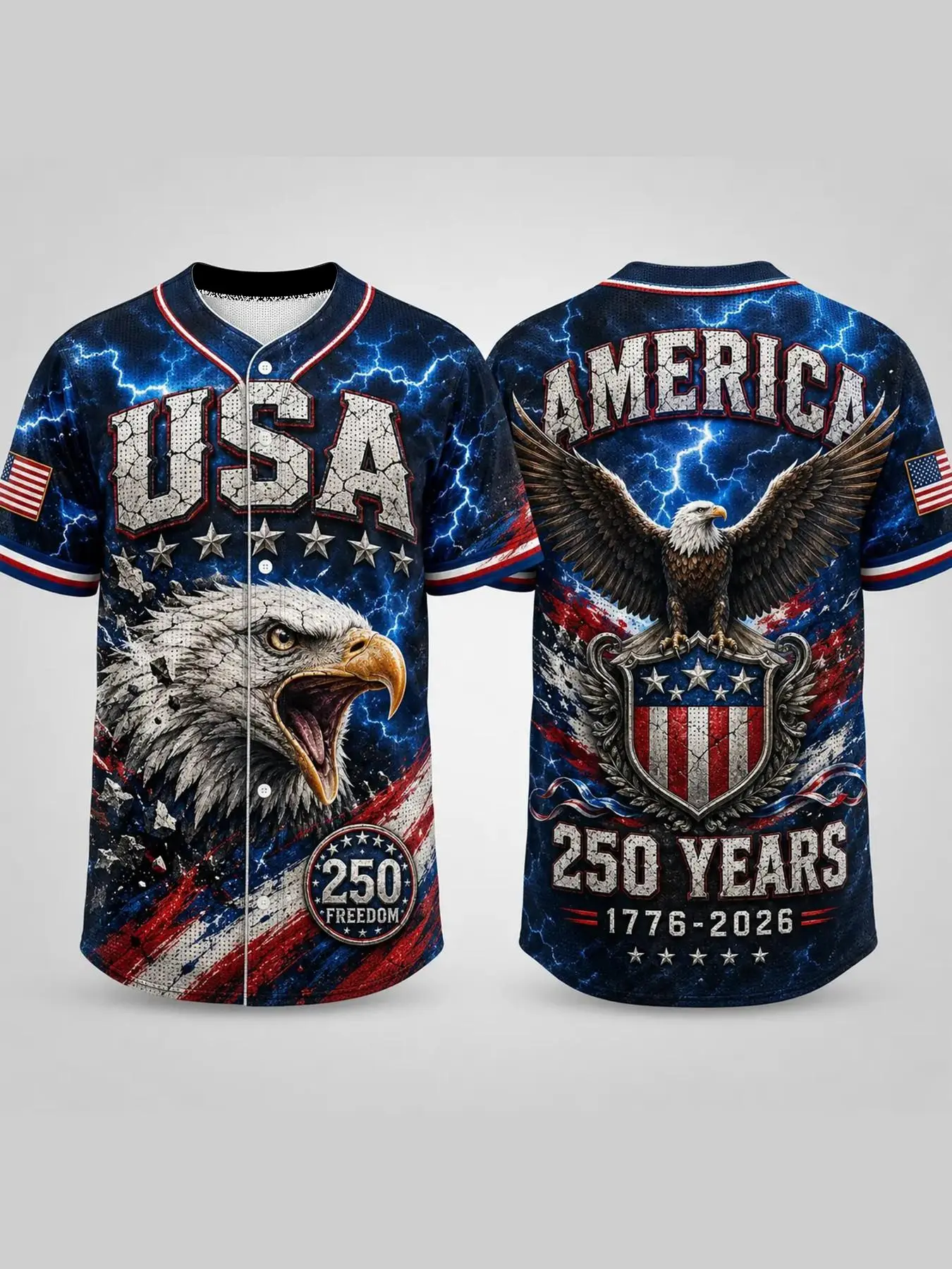 Men's 2026 Usa 250 Navy Baseball Sports Jersey Top, Bald Eagle Graphic, Lightning Flag Design, 250th Anniversary Patriotic Shirt, July 4 Shirts