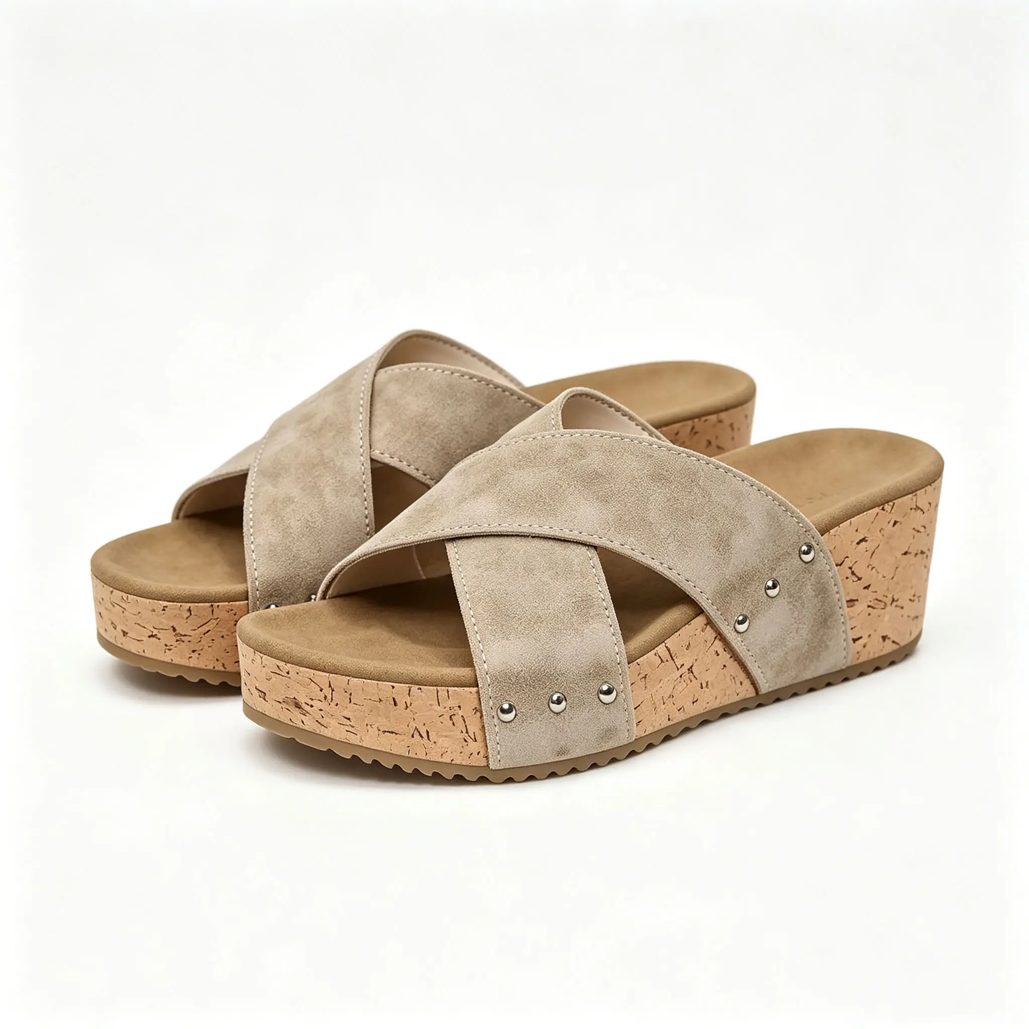 Women’s Retro Boho Rivet Cross Strap Cork Platform Wedge Mules| Open Toe Slip On Summer Vacation Sandals