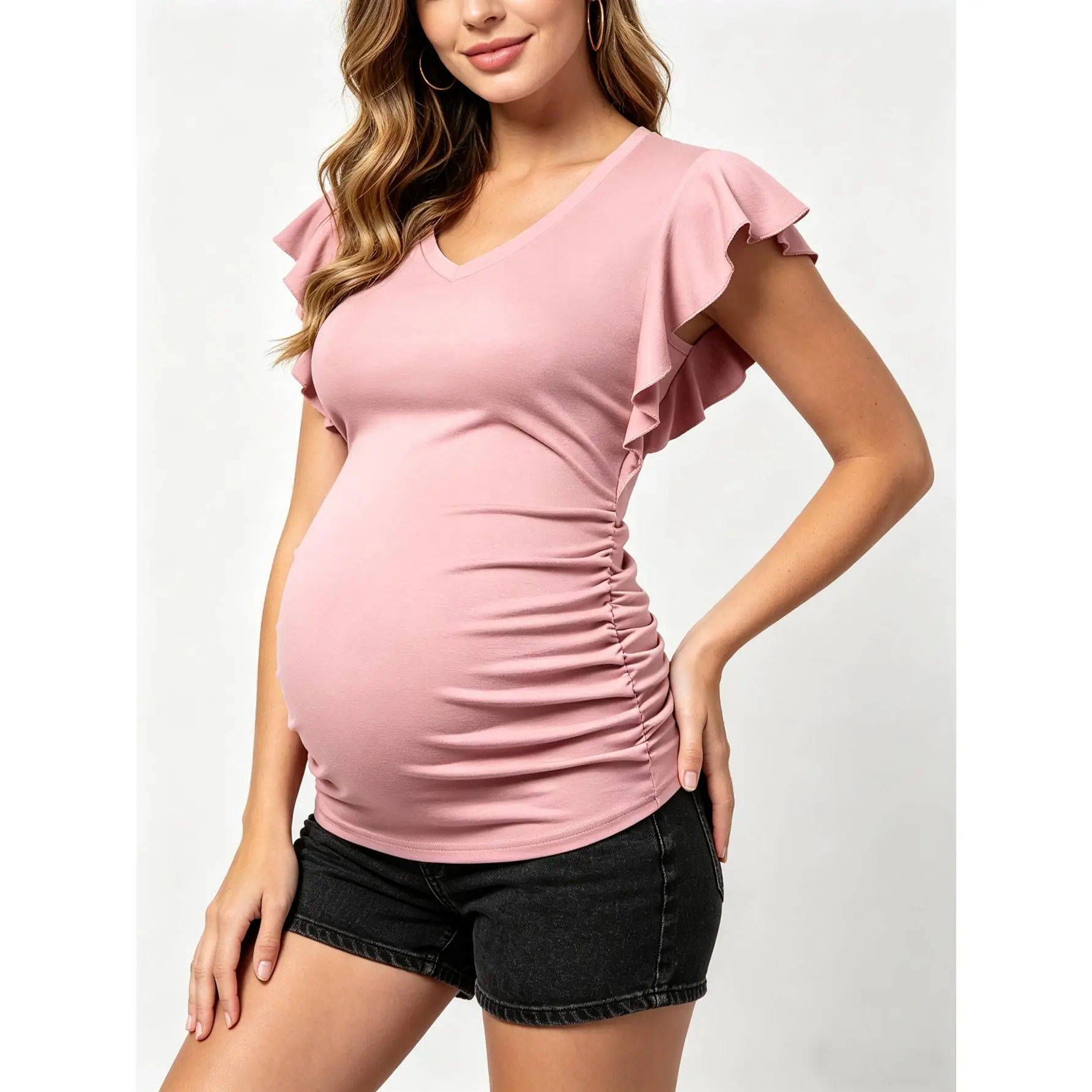 Women's Maternity S Size V-Neck Short-Sleeve Modest Bump-Friendly Sporty Pink Pullover T Shirts, Summer Maternity Fashion Wear for Modest Party