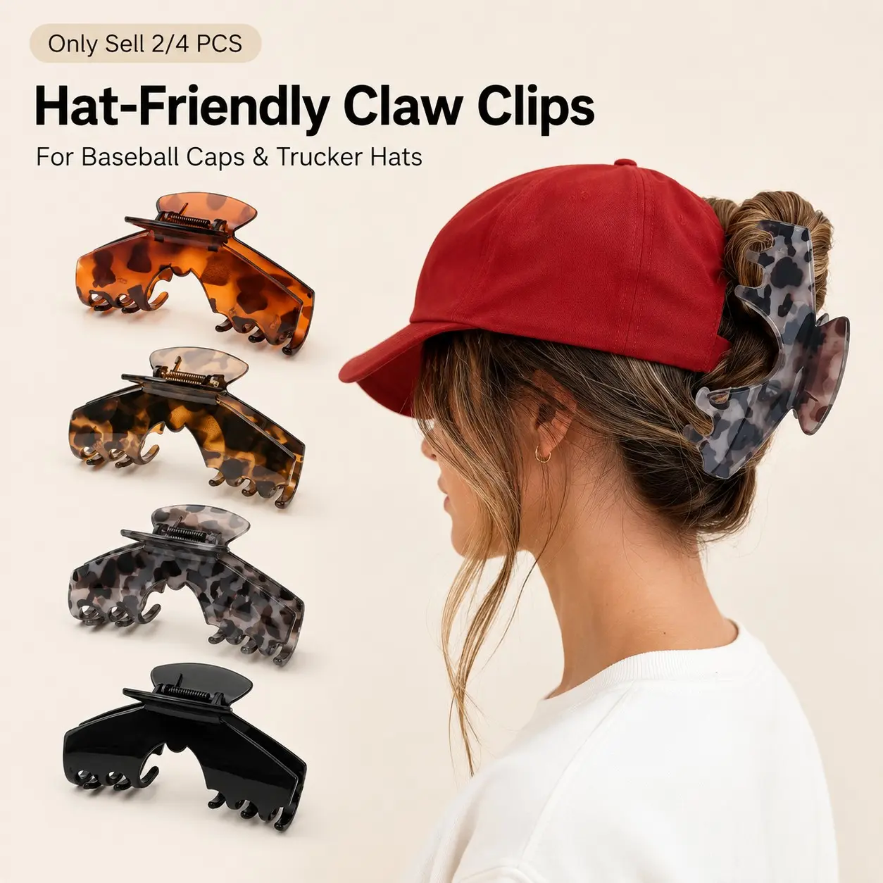 2/4 PCS Hat-Friendly Claw Clips for Baseball Caps, Tortoise Shell Ponytail Hair Clips with Secure Hold, Large Hair Accessories for Thick or Thin Hair, Gym, Beach, Travel and Daily Wear