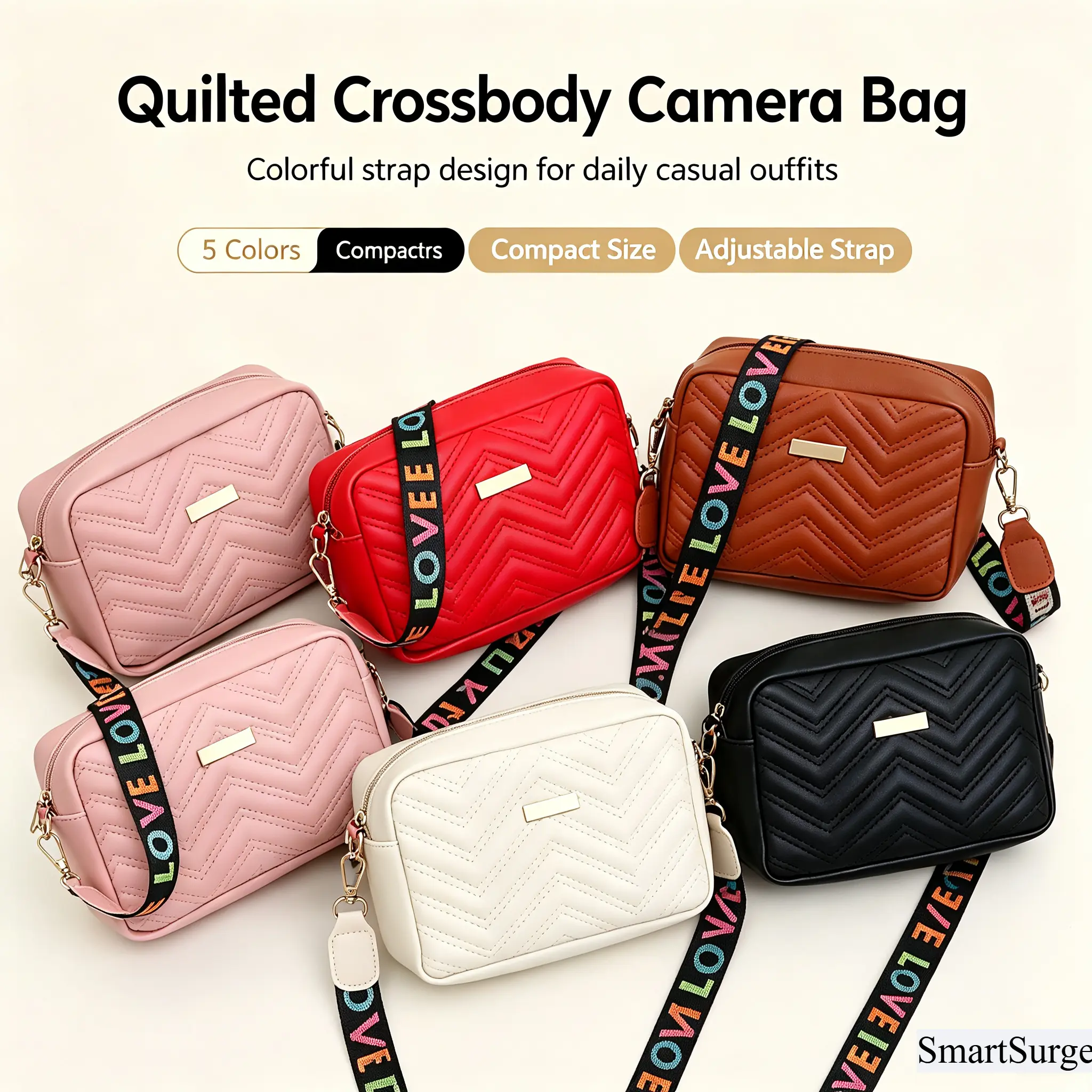 Women’s Quilted Camera Crossbody Bag - Casual, Fashionable Bags for Women with Adjustable Strap, Chevron Stitching, Wide Letter Strap, Zipper Closure, Compact for Travel, Work, Everyday Use