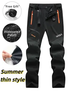 Men's Summer Outdoor Functional Fleece Pants, Thin Soft Shell Waterproof Windproof, Knee Reinforced, Multiple Zip Pockets, Belt Included