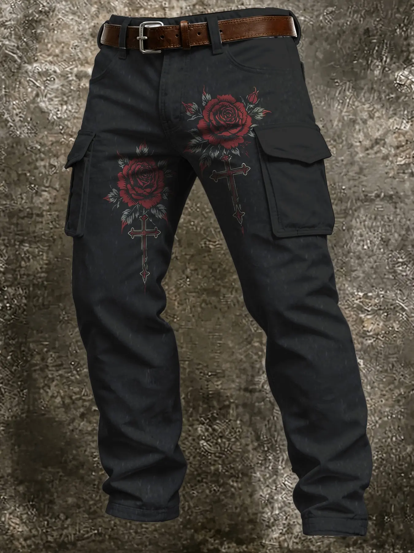 Men's Gothic Rose Cross Print Cargo Pants, Multi-Pocket Straight Leg Casual Long Pants, American Vintage Streetwear Fashion