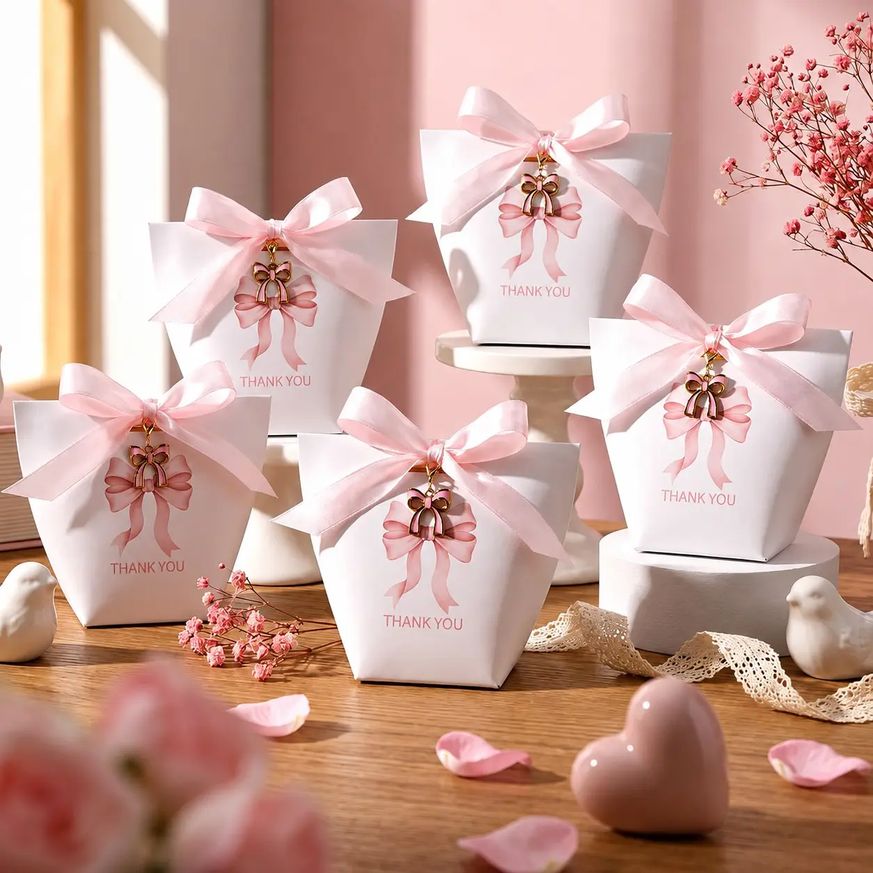 10/20 Sets Baby Shower Favors for Guests, Pink Bow Keychains with White Thank You Gift Boxes and Pink Satin Ribbon, Baby Girl Shower Decorations, Gender Reveal Party Gifts, Baptism and Christening Favors, Birthday Party Favor Boxes and Guest Keepsakes