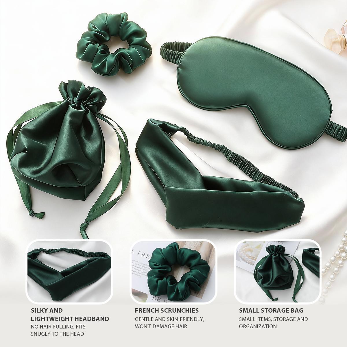 KatchMe Women's Silk 4PCS Solid Color Sleeping Set, Comfort Satin Eye Mask Headband Scrunchies with Storage Bag Portable 4 Pieces Set