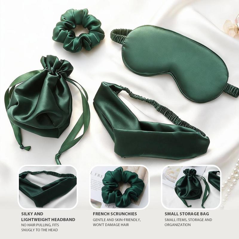 KatchMe Women's Silk 4PCS Solid Color Sleeping Set, Comfort Satin Eye Mask Headband Scrunchies with Storage Bag Portable 4 Pieces Set