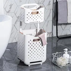 Double Layer Laundry Basket, 1 Count Foldable Large Capacity Dirty Clothes Basket, Detachable Wall Mounted Storage Basket, Hollow Out Design Laundry Basket