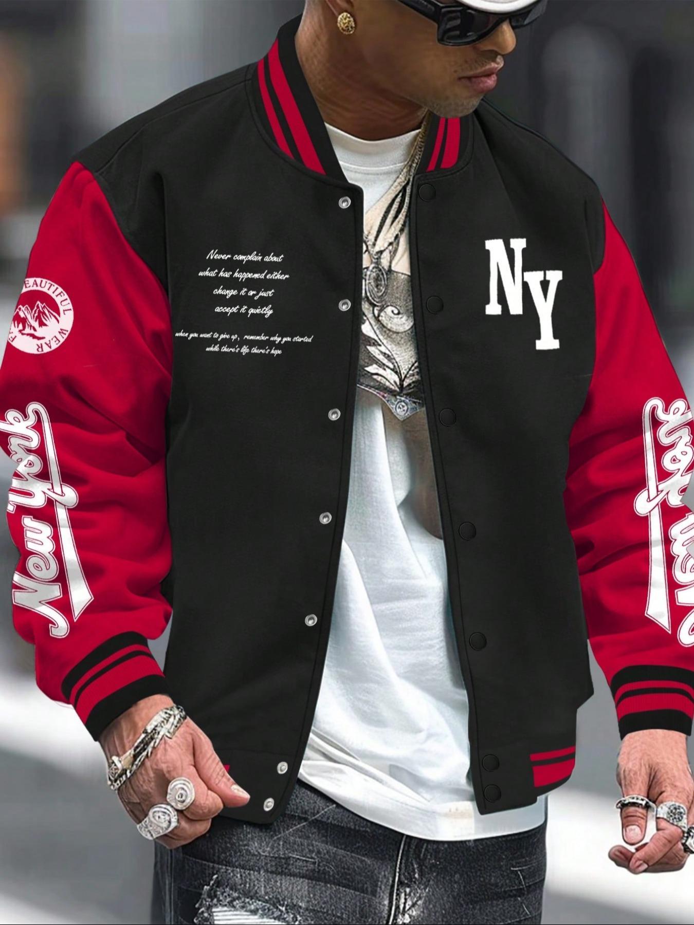 Men's Letter Print Baseball Collar Bomber Jacket, Loose Casual Sporty Long Sleeve Varsity Jacket for Fall & Winter, Men's Knit Outerwear for Daily Wear