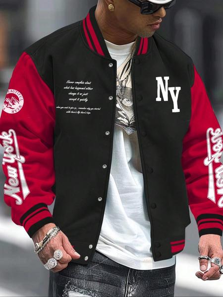 Men's Letter Print Baseball Collar Bomber Jacket, Loose Casual Sporty Long Sleeve Varsity Jacket for Fall & Winter, Men's Outerwear for Daily Wear