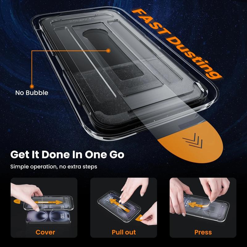 2 Pack HD Transparent Tempered Glass Screen Protector for iPhone Series, 3D Curved Dustproof Design, Self-Cleaning Storage Box, 9H Hardness for iPhone 17 Pro Max、iPhone 17 Pro、iPhone 17 Air