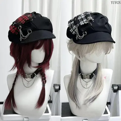 Unisex Octagonal Shape Premium Streetwear Hat - Chain Decor, Plaid Patch, Safety Pin, Gothic Cross, Casual Outfits Cap, Trendy Hat, Swag Accessories for Adults Sports & Outdoor Headwear