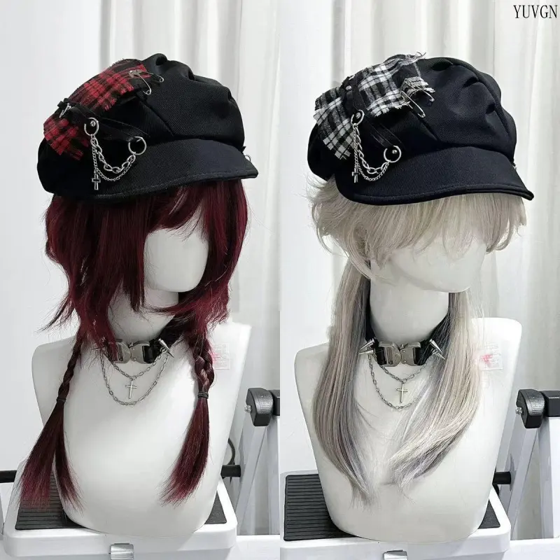 Y2K Punk Chain Decor Newsboy Cap, Plaid Patch Safety Pin Beret Hat, Gothic Cross Chain Street‑style Octagonal Hat for Daily Outfit‑Matching