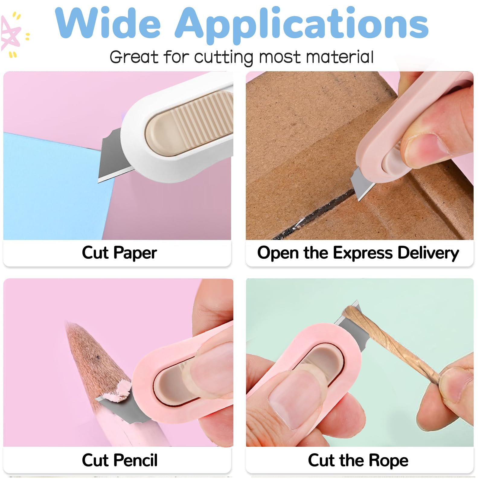 4pcs Retractable Utility Knife, Portable Expandable Mini Box Cutter for Envelopes, Cardboard, Packages| Safe Office & Home Craft Tool, Gift Set with Blade Storage