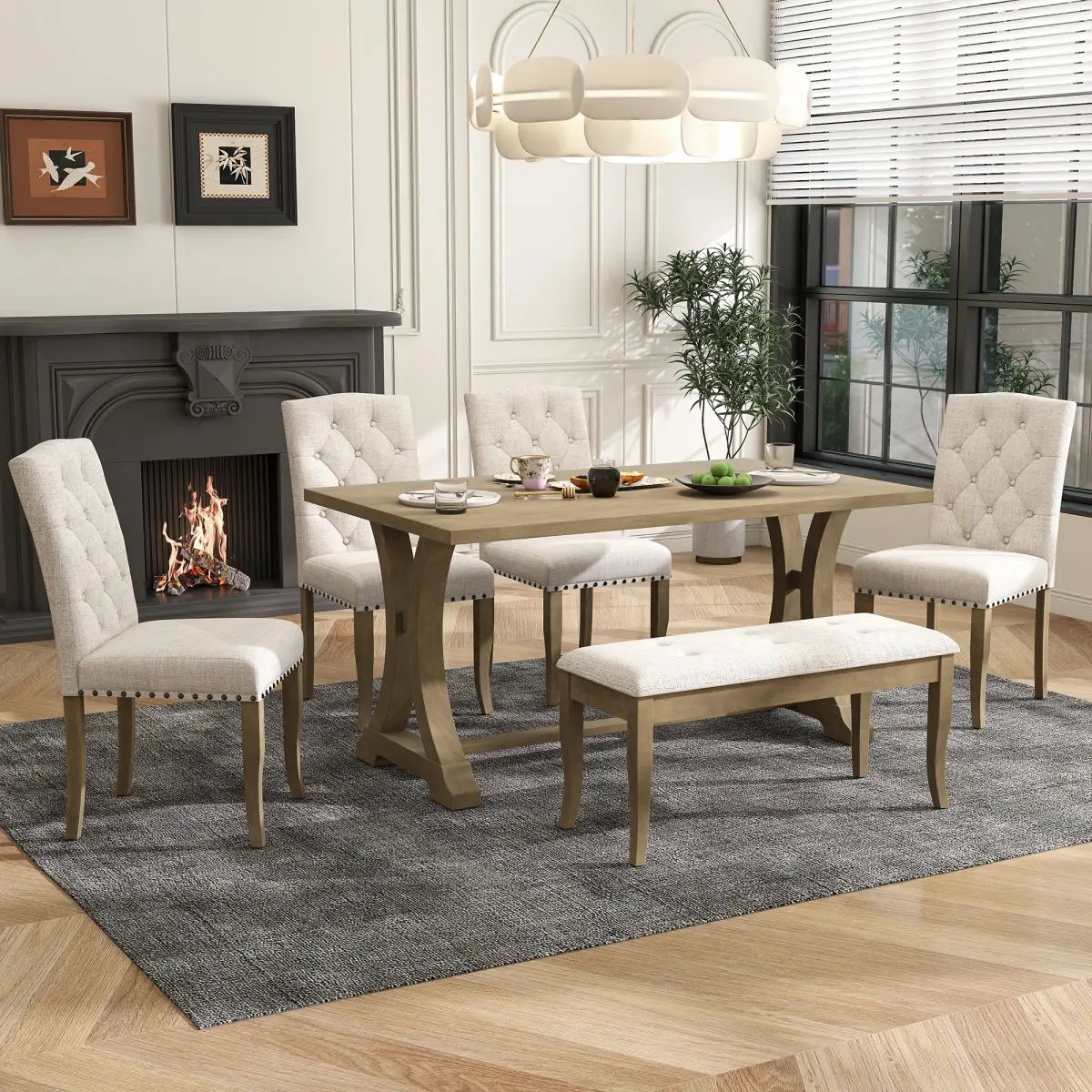 Farmhouse 6-Piece Dining Table Set - Rectangular Trestle Base Solid Wood Frame Table, 4 Upholstered Padded Chairs & Bench, Space-Saving Dinette Set for Dining Room & Kitchen, Padded Seats