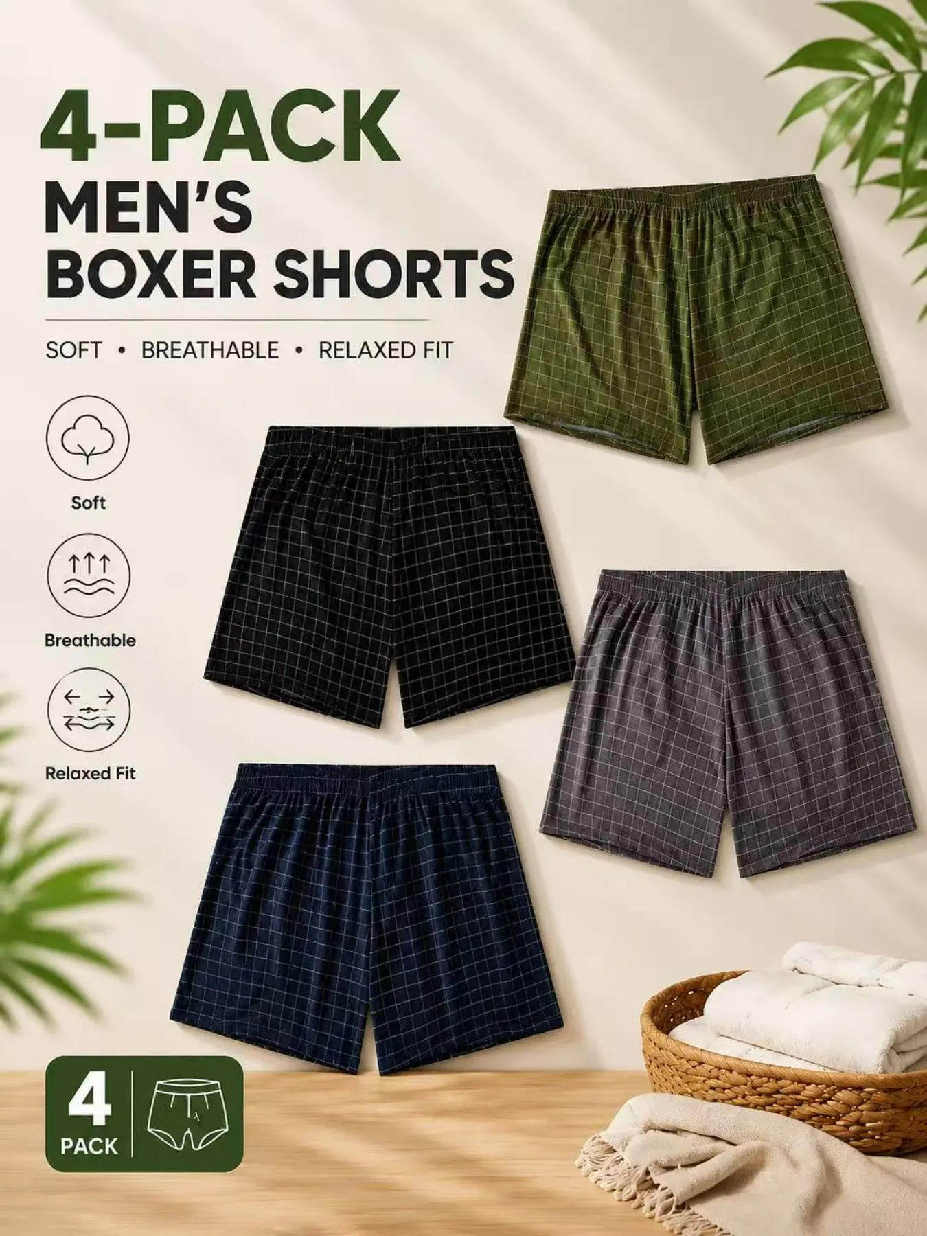 4-Pack Men's Plaid Boxer Shorts, Gingham, Soft Breathable Fabric, Relaxed Fit, Loose, Lightweight Daily Wear Comfort
