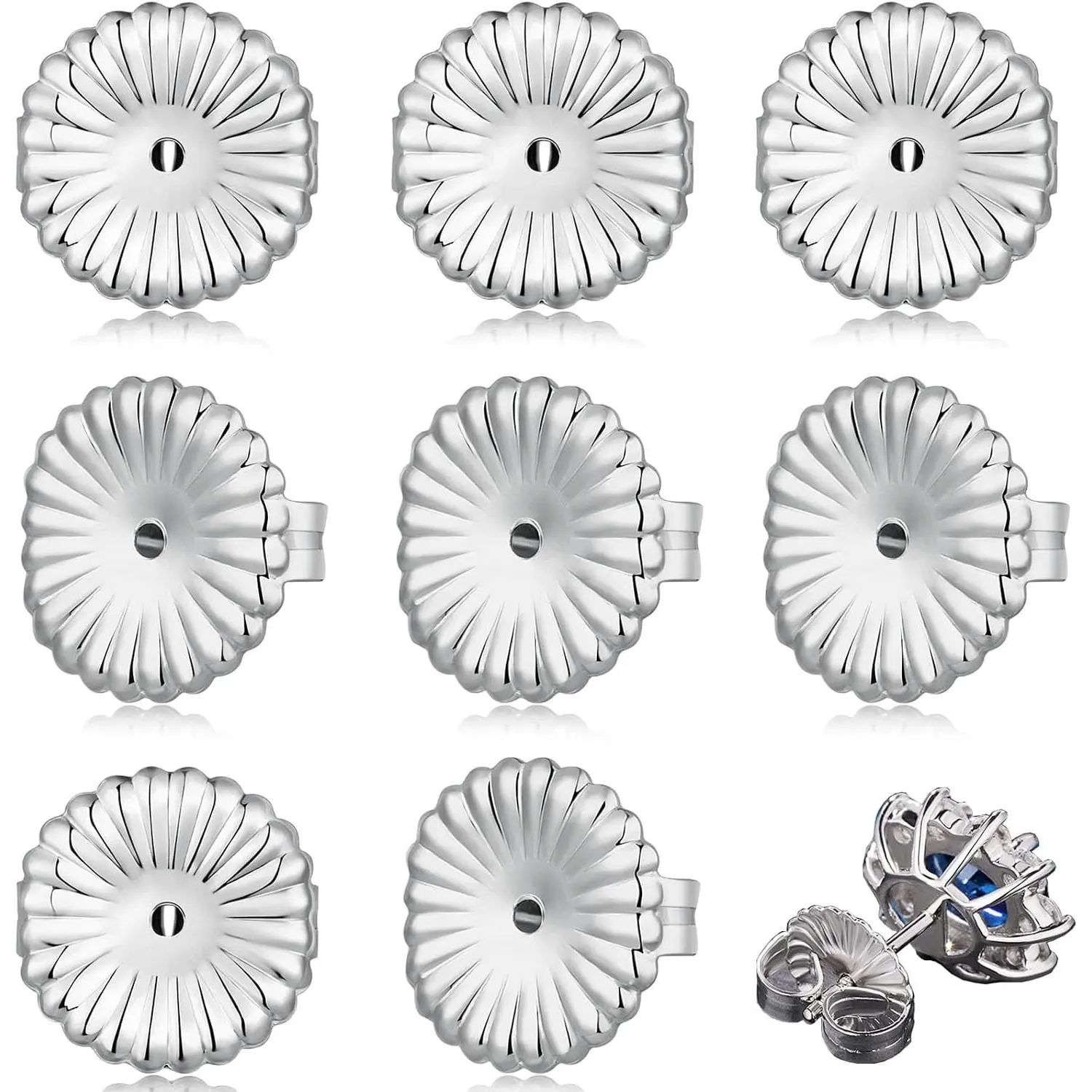 8 Pieces Silver 9mm Secure Locking Earring Backs, Large Replacement Lifters for Droopy Ears and Heavy Stud Earrings