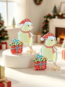 2pcs Christmas Hat Chicken Acrylic Pendant, Thanksgiving Cartoon Gift Box Charm, Handmade DIY Earring Jewelry Accessories Material