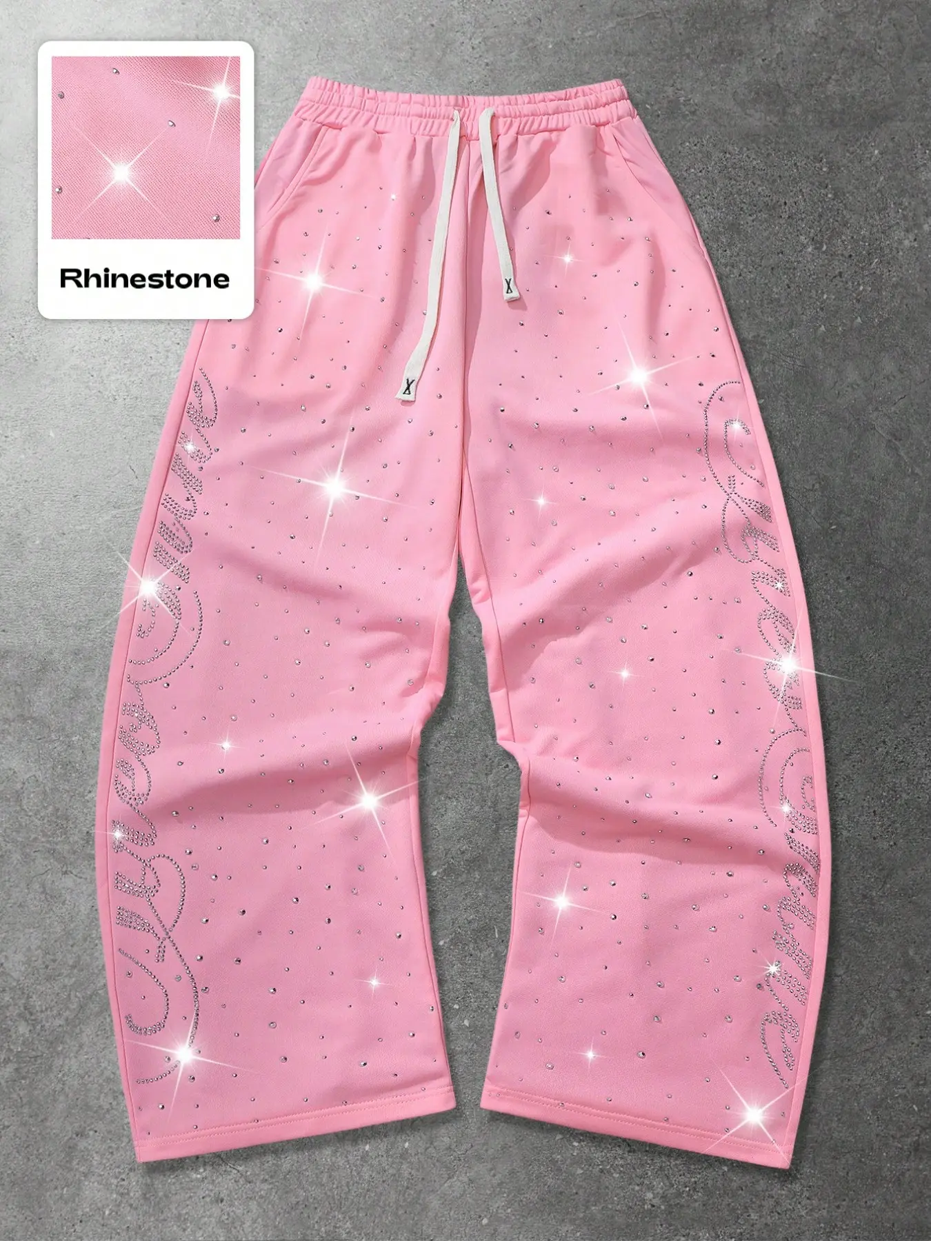 Pink rhinestone wide-leg casual pants, sparkling handwritten-style hot rhinestone street pants, elastic waistband with drawstring, soft and comfortable fabric suitable for street shots, parties, nightclubs, and everyday casual wear, Baggy Legged Pants