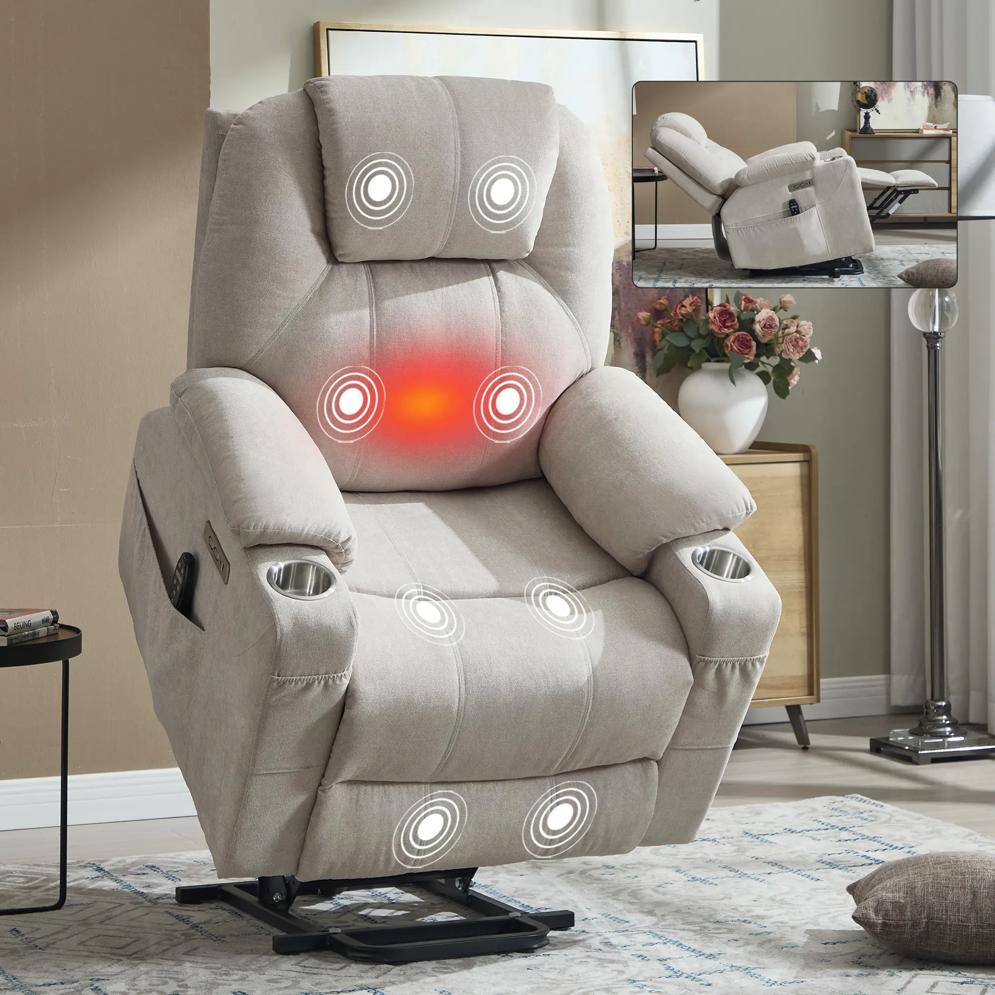 ARCH Heavy Duty Single Seat Power Lift Recliner Chair for Elderly (350 LBS Capacity) - Beige Polyester Living Room Furniture with 8-Point Vibrating Massage, Lumbar Heat, USB Type-C Ports, Stainless Steel Cup Holders, Usb Ports