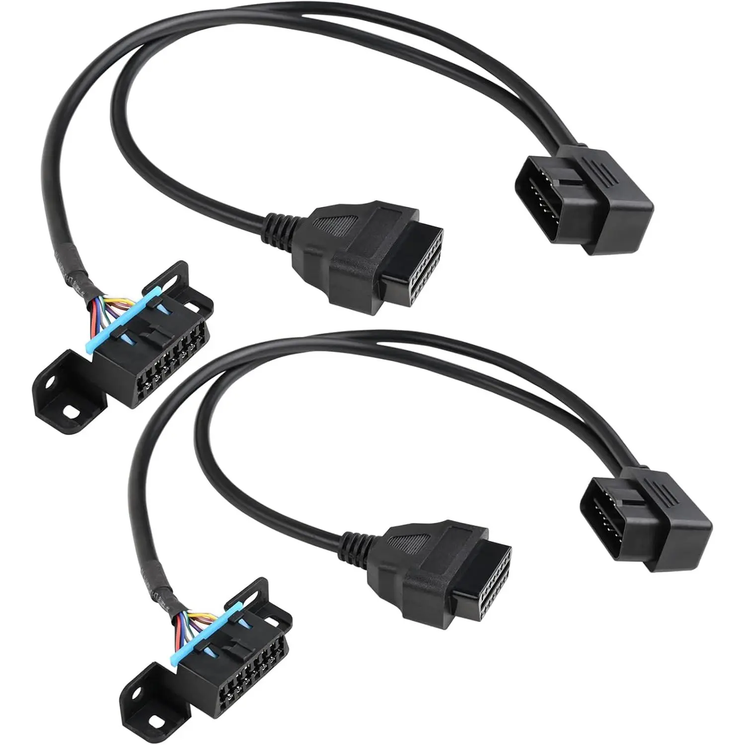 Pack of 2 Right Angle  OBD2 OBD II 16 Pin Splitter Y Open , J1962 1 Male to 2 Female Connector with Underdash Mount Bracket 50cm/20