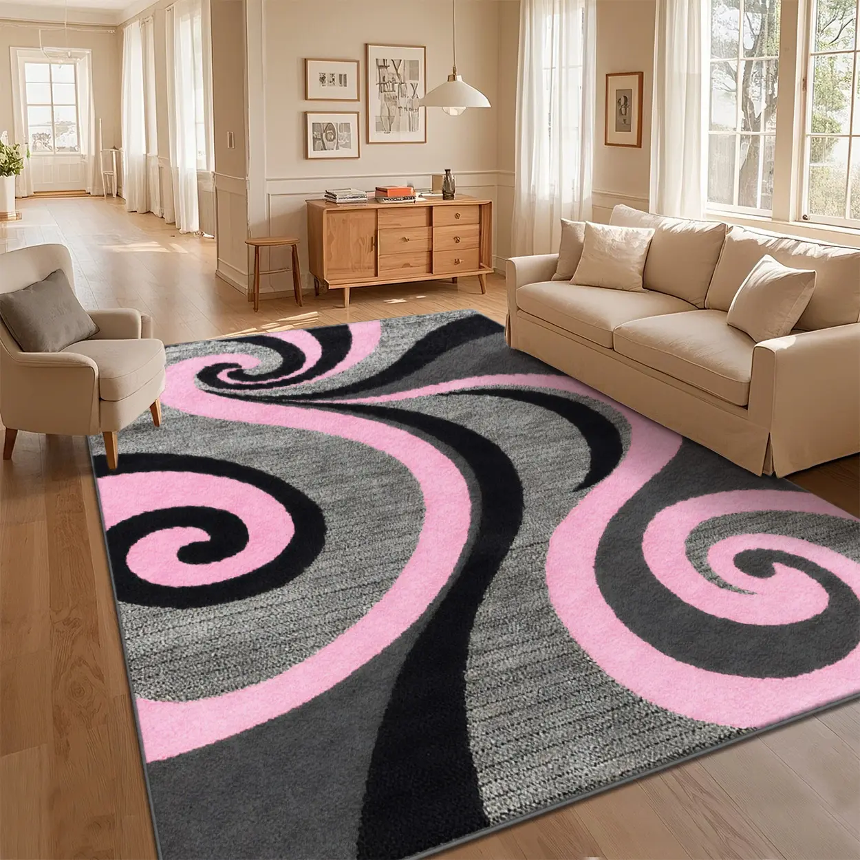 3x5ft Washable Non-Slip Polyester Rug, Boho Abstract Modern Retro Swirl Print for Indoor Living/Bedroom Areas with Local Delivery