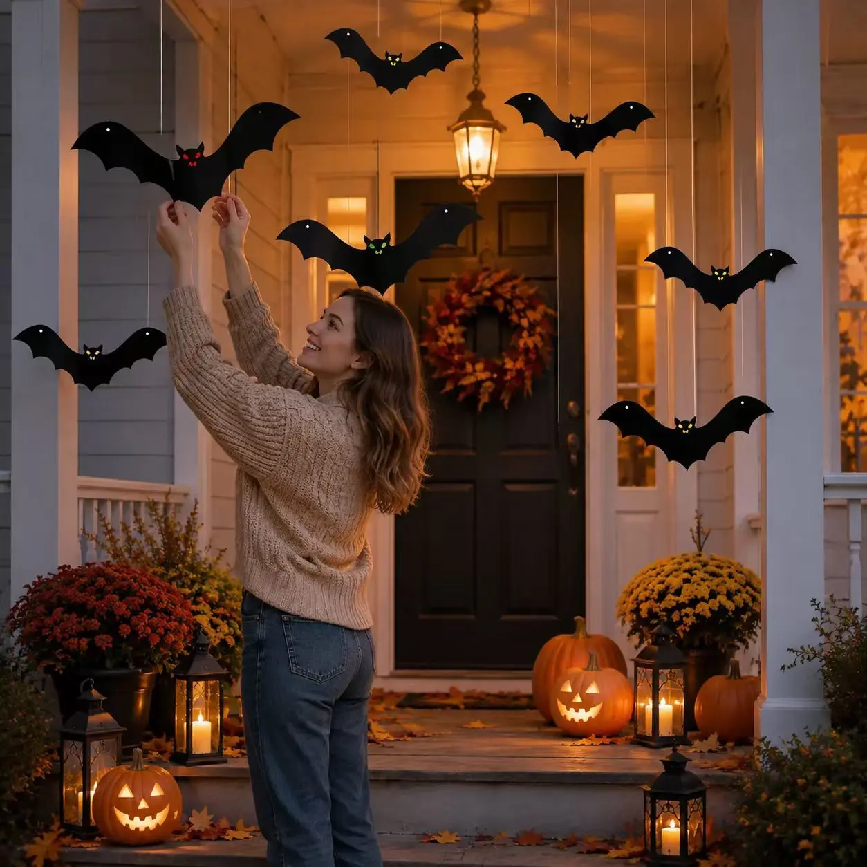24 Pack 3D Hanging Bat Decorations – Glow-in-the-Dark Eyes, Flying Silhouettes for Indoor/Outdoor Halloween Displays