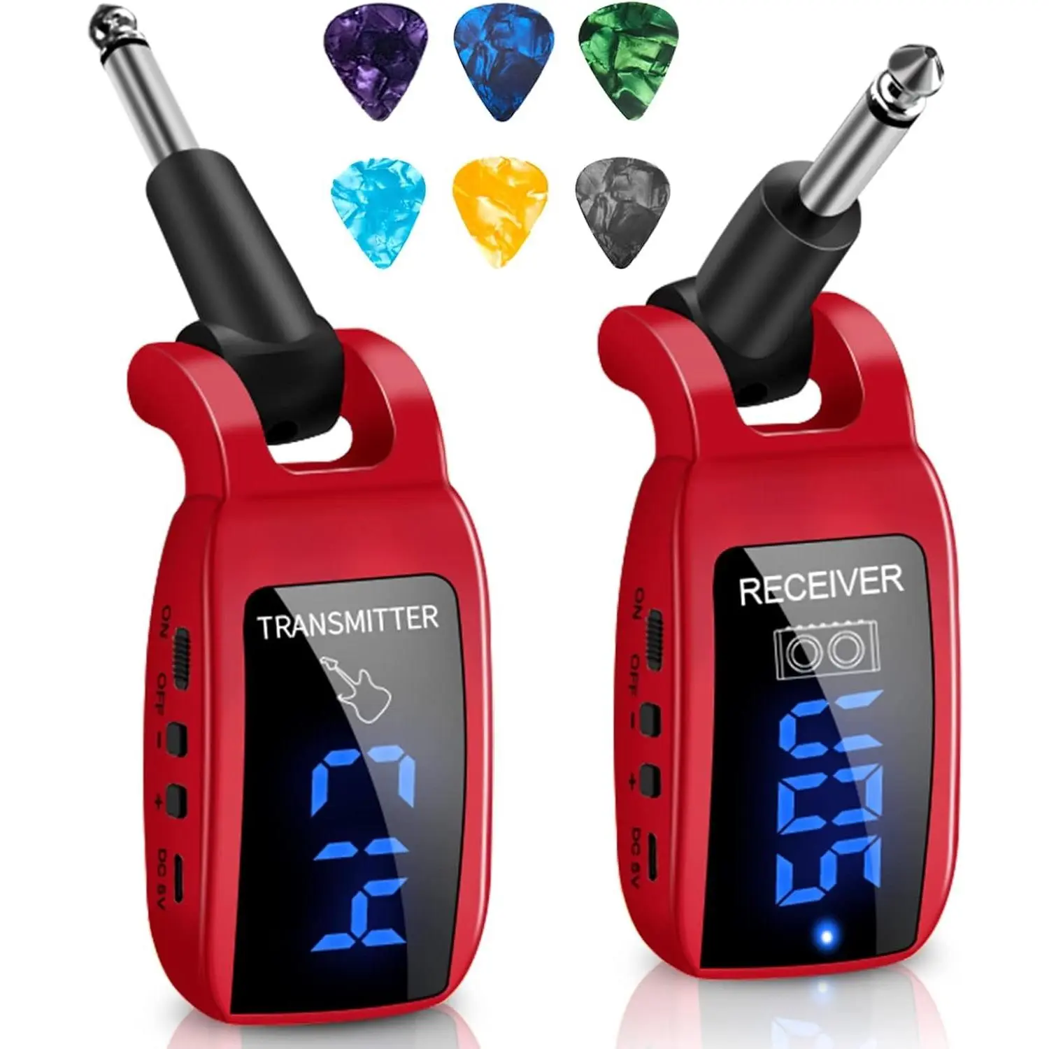 UHF Rechargeable Transmitter Receiver Guitar System with Rechargeable Battery, 15 Channels, 50m (164ft) Range, LED Screen, 280° Rotating Plug, for Electric Bass, Ideal for Concert Teaching