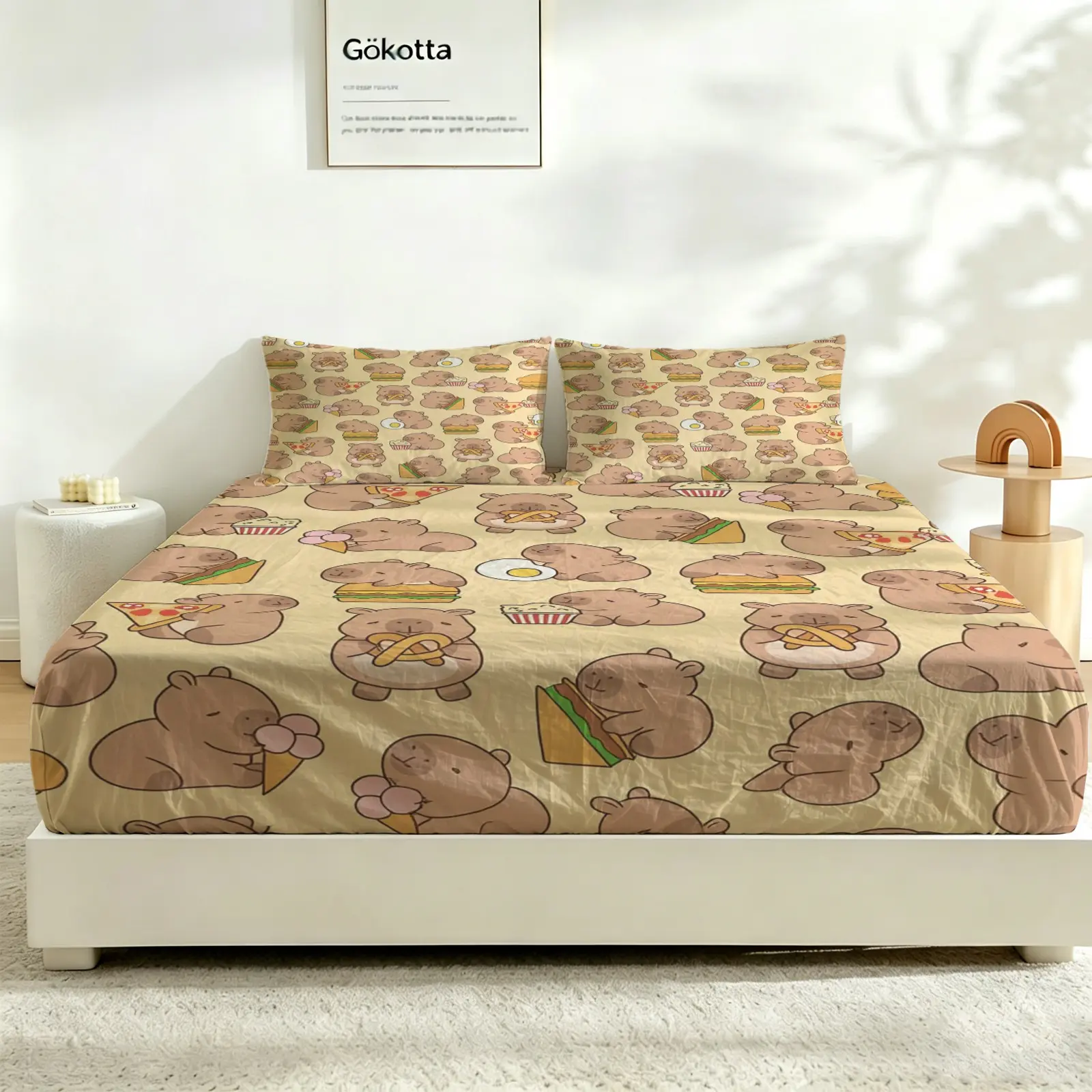 3Pcs Cute Cartoon Capybara Snacks Print Fitted Sheet Set, Soft Comfort Bed Sheet Set Bedding Set, No Fillers, Clear Full Digital Printing, Wrinkle Resistant, Ideal for Bedroom Dorm Apartment Daily Use, Sweet Decor Gift for Capybara & Animal Lovers