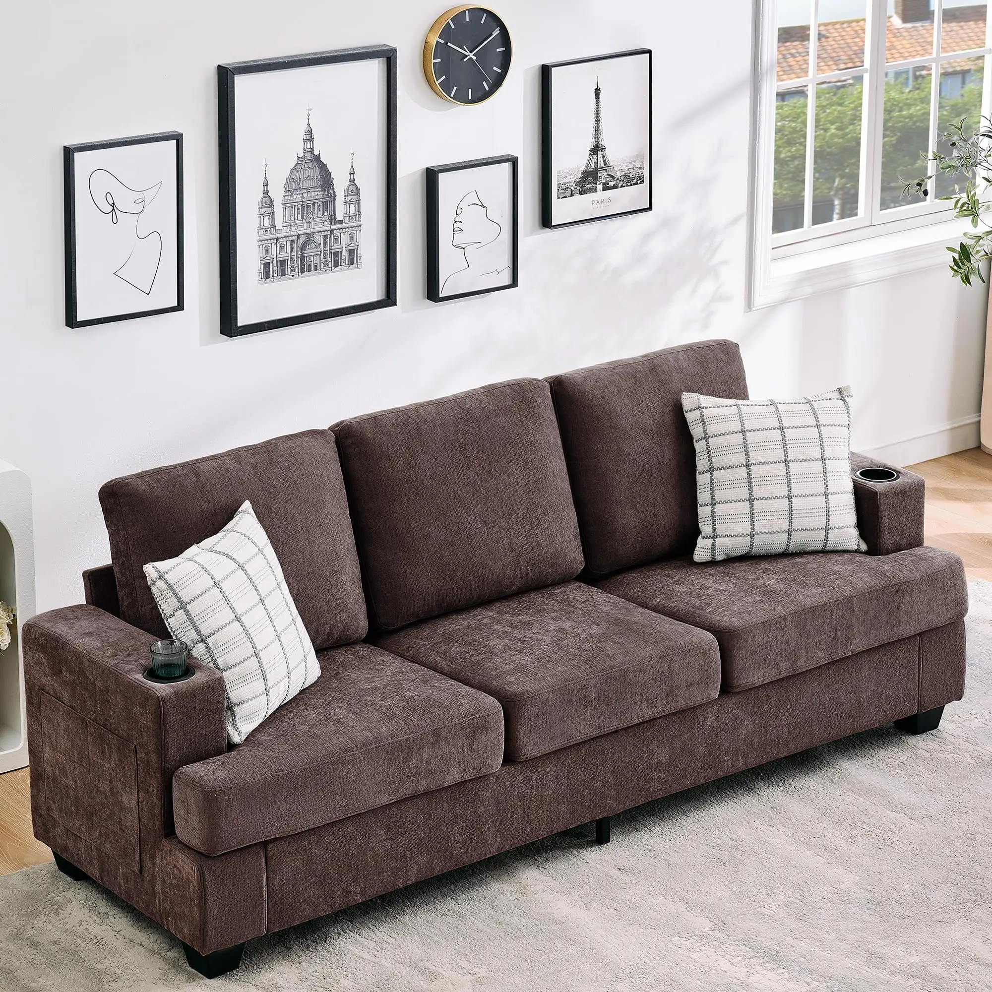 Garvee Modern 89-inch 3-Seater Sofa for Living Room with Deep Seat Comfort, Chenille Upholstery, Cup Holders, and Side Storage Pockets - Ideal for Apartment Lounge in Brown
