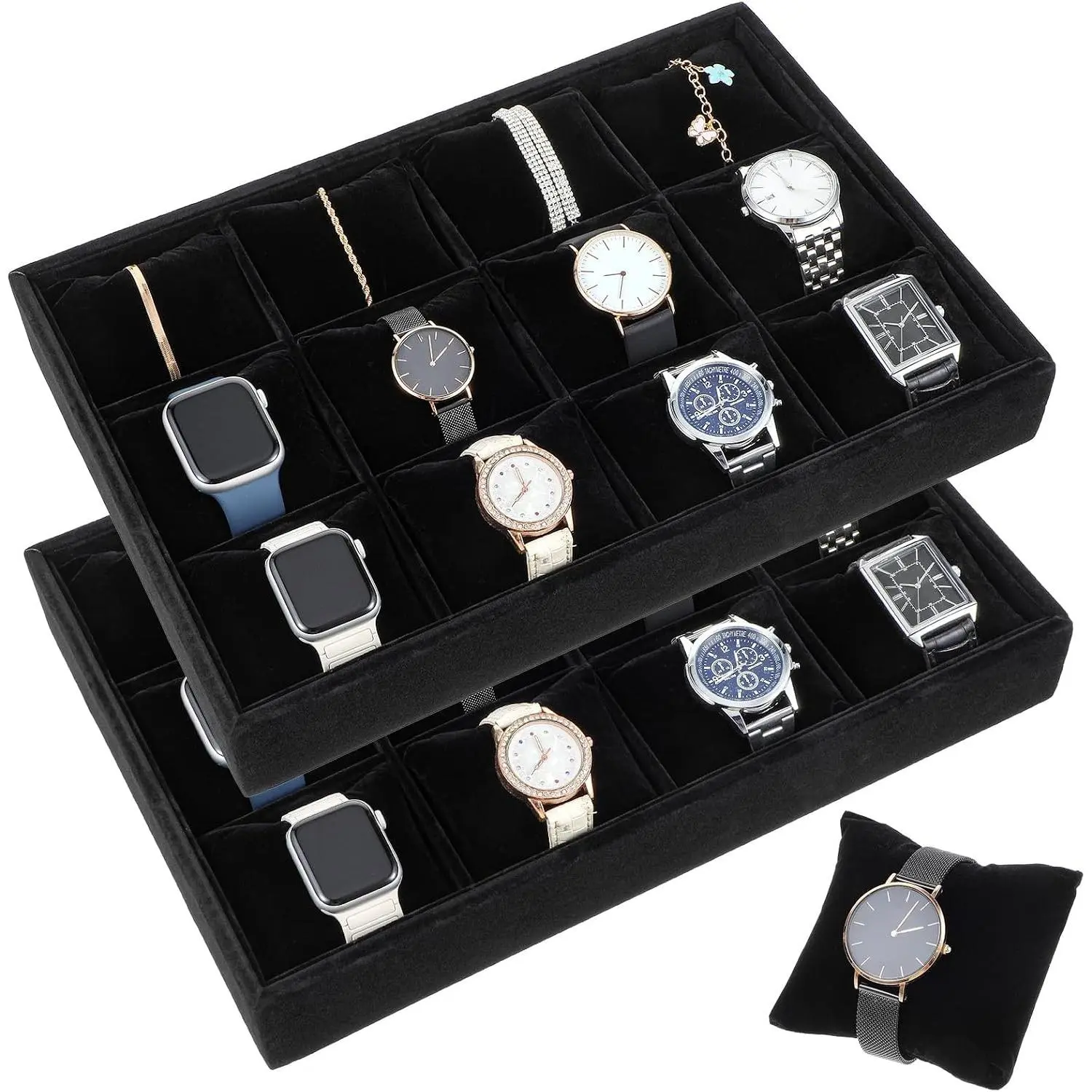 2 count  Watch Tray  Organizer, 12 Grid Stackable  Watch Tray, Watch Display  Tray Watch Bracelet Bangle Display Holder Adjustable Pillow